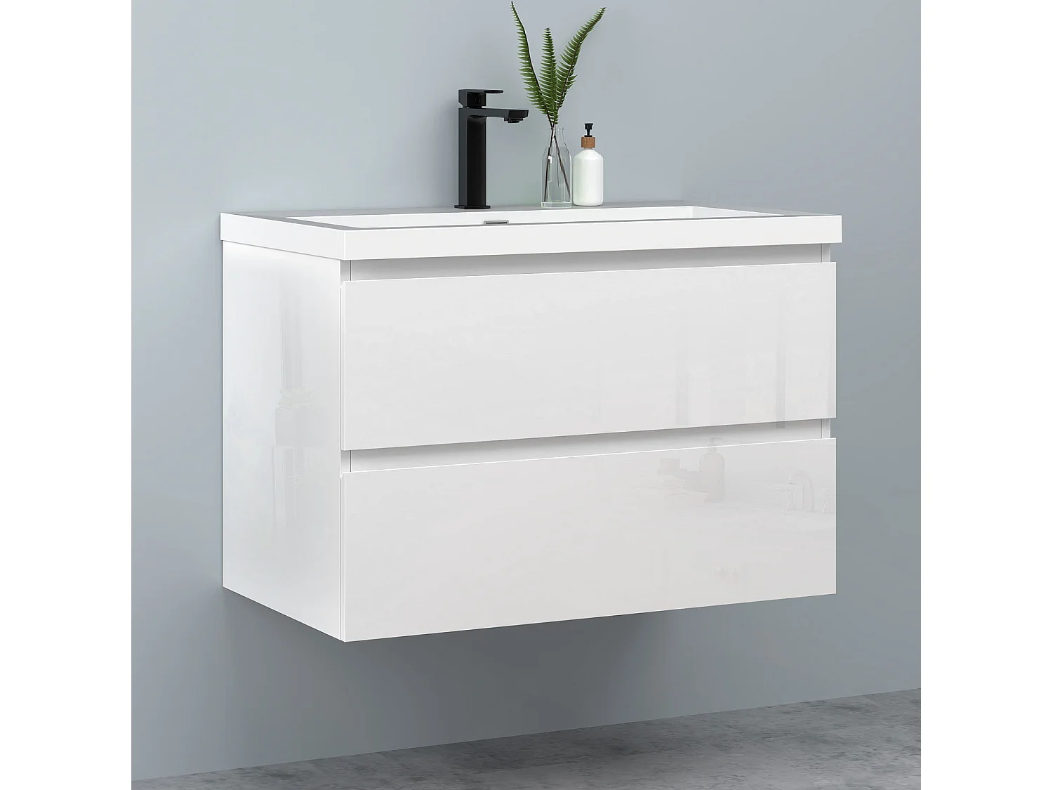 AICA Waschbeckenunterschrank hängend 80cm Rechteckiges Mineralguss-Waschbecken mit Unterschrank - Hochglanz Weiß - CINIC