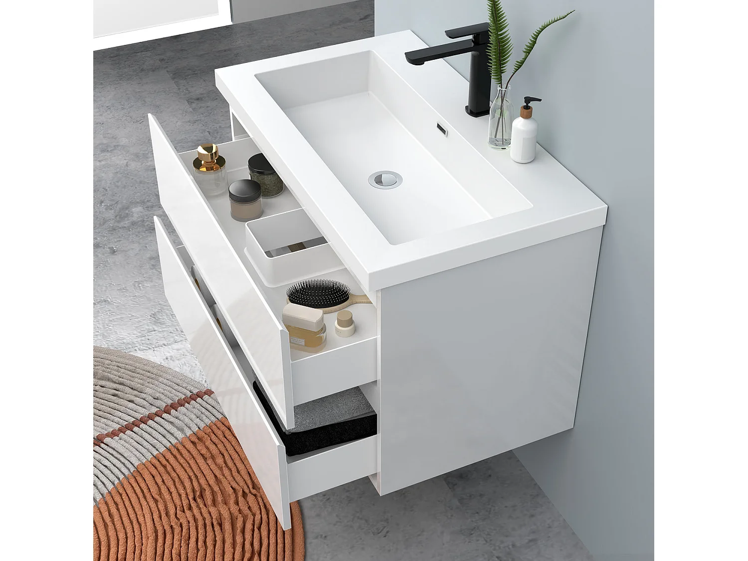 AICA Waschbeckenunterschrank hängend 80cm Rechteckiges Mineralguss-Waschbecken mit Unterschrank - Hochglanz Weiß - CINIC