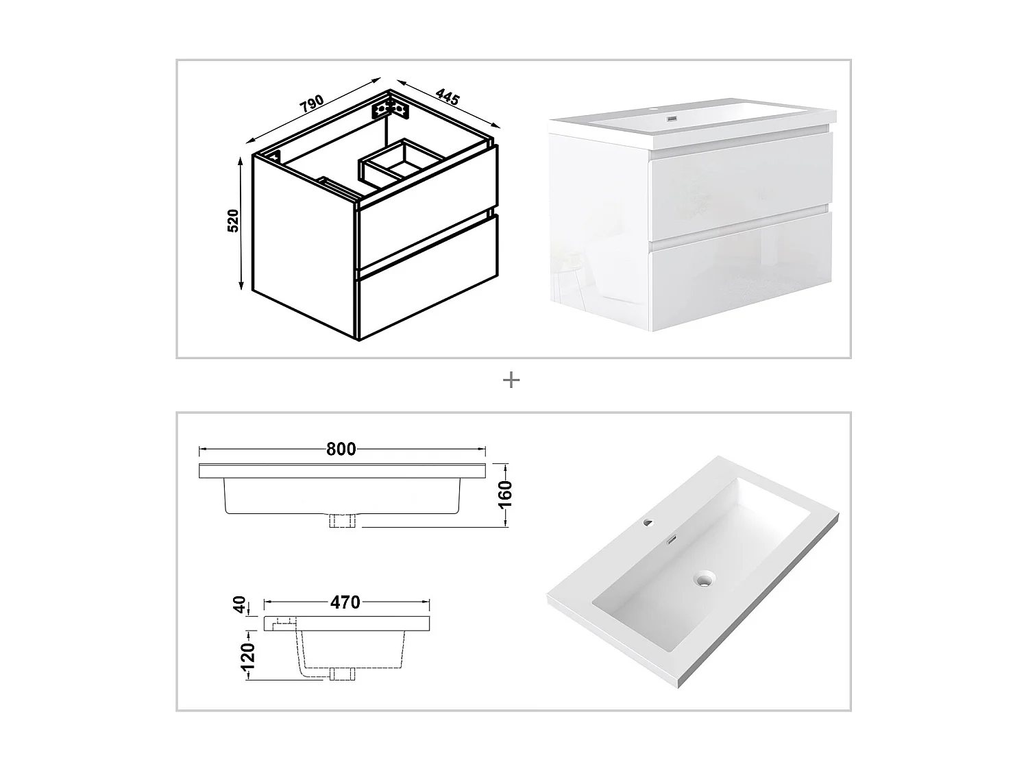 AICA Waschbeckenunterschrank hängend 80cm Rechteckiges Mineralguss-Waschbecken mit Unterschrank - Hochglanz Weiß - CINIC