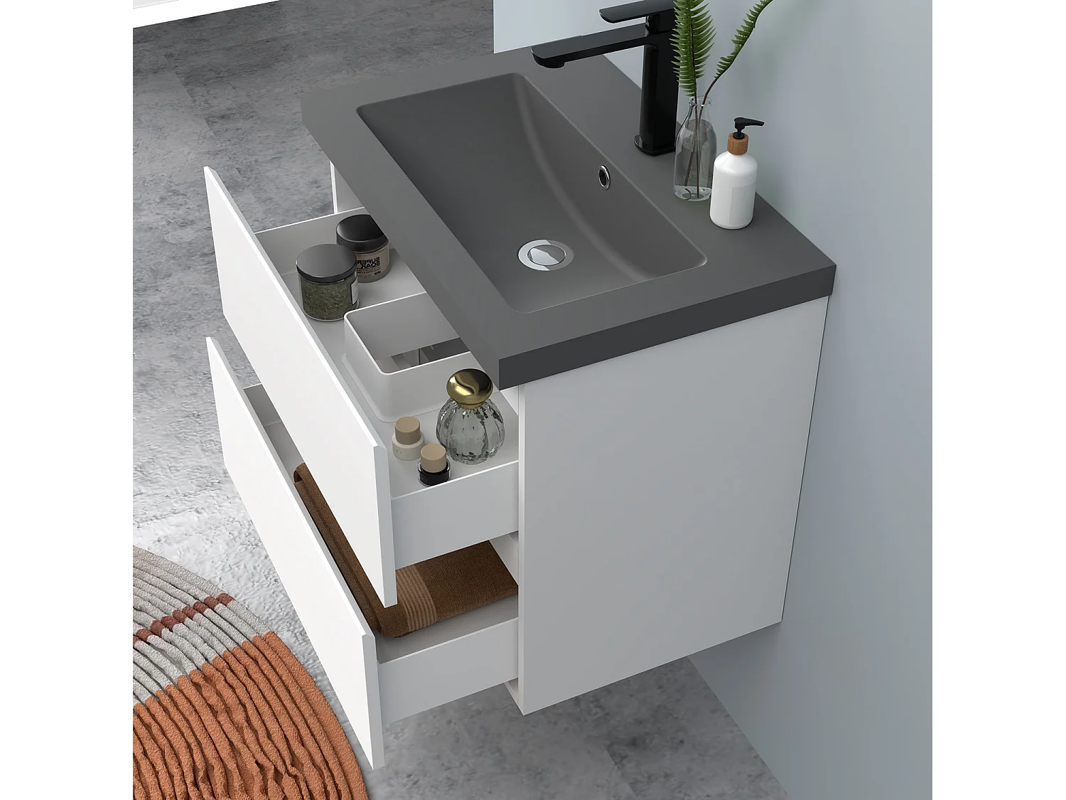 AICA Waschbeckenunterschrank hängend 60cm Dunkelgrau Mineralguss-Waschbecken mit Unterschrank - Weiß Matt - CINIC