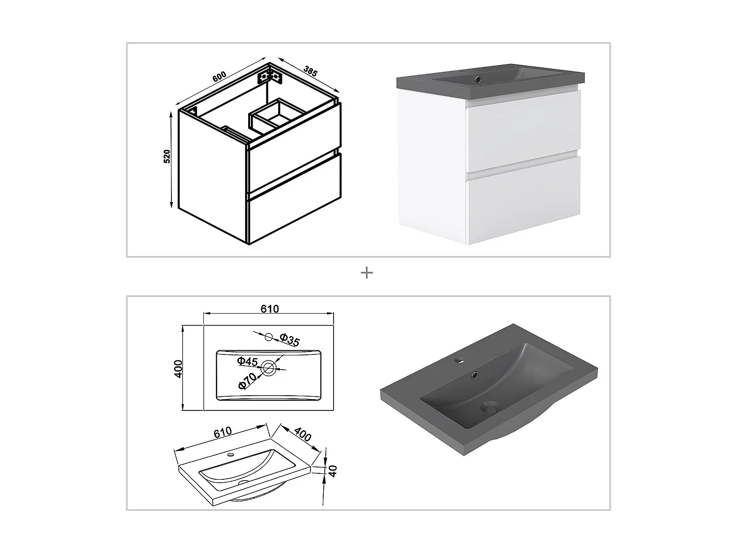 AICA Waschbeckenunterschrank hängend 60cm Dunkelgrau Mineralguss-Waschbecken mit Unterschrank - Weiß Matt - CINIC