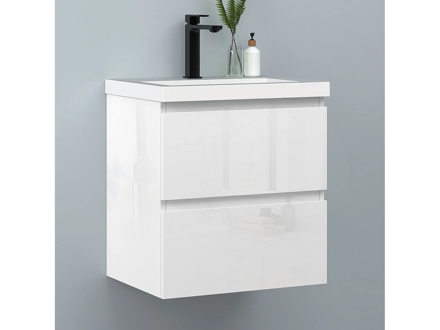 AICA Waschbeckenunterschrank hängend 50cm Rechteckiges Mineralguss-Waschbecken mit Unterschrank - Hochglanz Weiß - CINIC