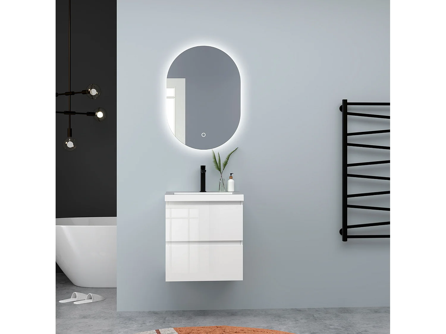 AICA Waschbeckenunterschrank hängend 50cm Rechteckiges Mineralguss-Waschbecken mit Unterschrank - Hochglanz Weiß - CINIC