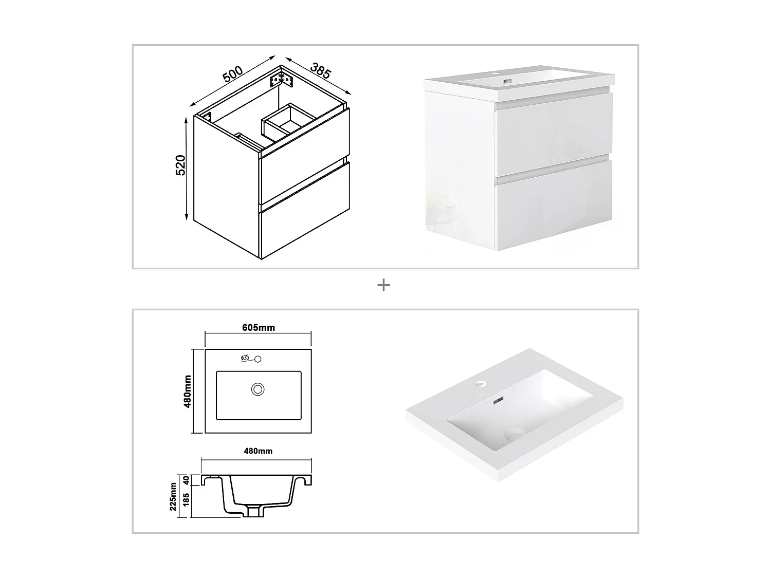AICA Waschbeckenunterschrank hängend 50cm Rechteckiges Mineralguss-Waschbecken mit Unterschrank - Hochglanz Weiß - CINIC