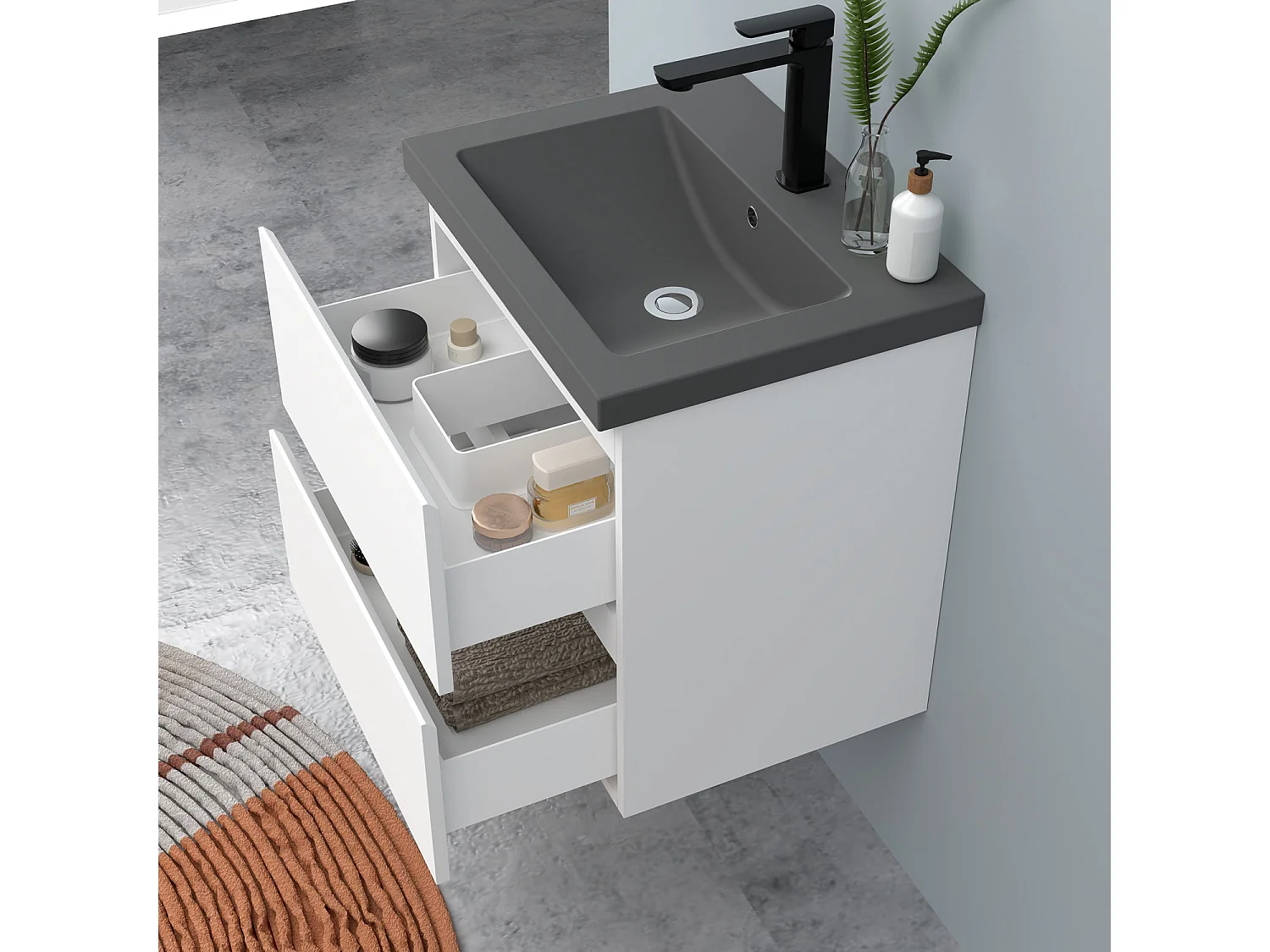 AICA Waschbeckenunterschrank hängend 50cm Dunkelgrau Mineralguss-Waschbecken mit Unterschrank - Weiß Matt - CINIC