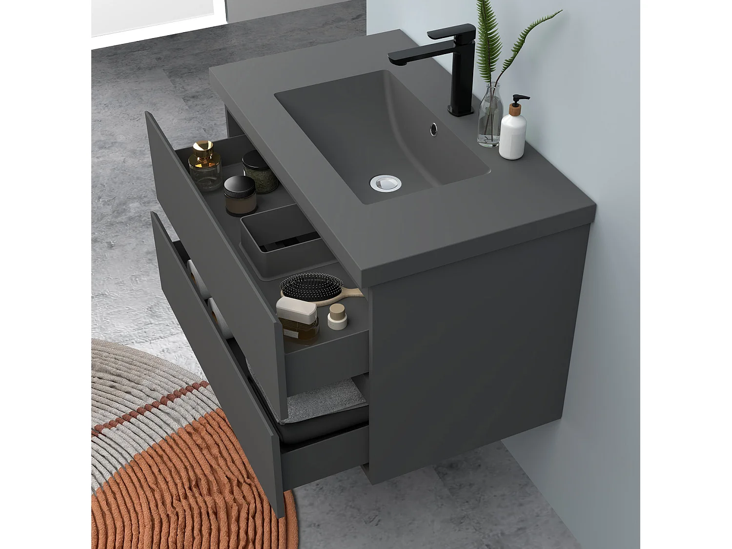 AICA Waschbeckenunterschrank hängend 80cm Dunkelgrau Mineralguss-Waschbecken mit Unterschrank - Dunkelgrau Matt - CINIC