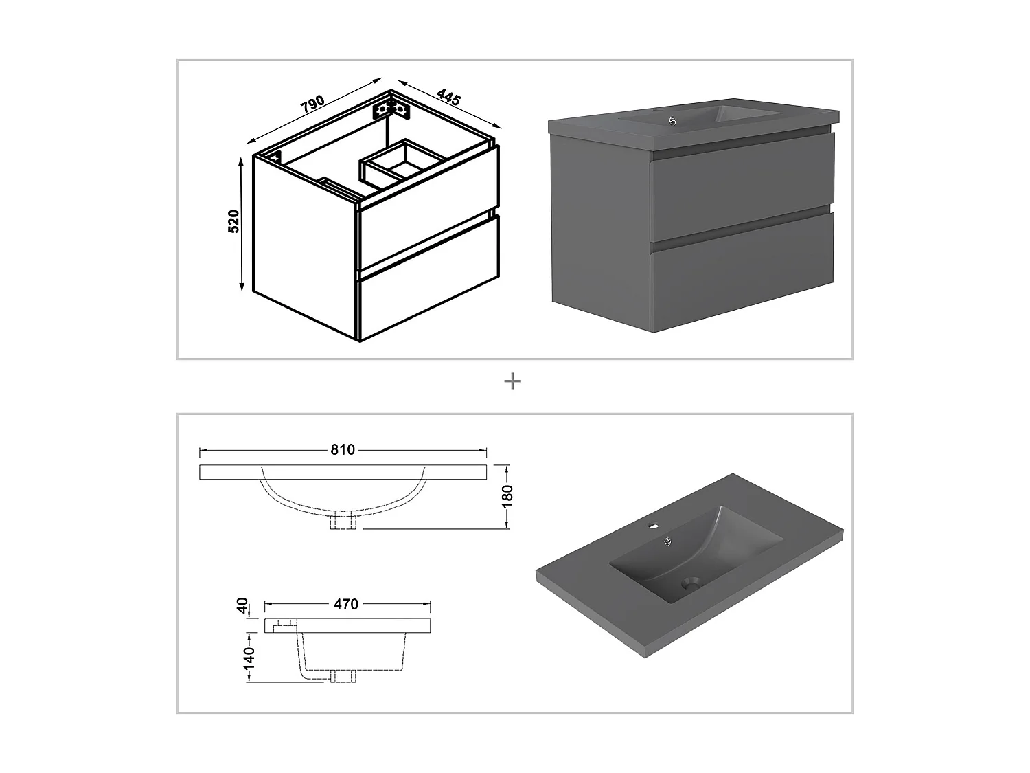 AICA Waschbeckenunterschrank hängend 80cm Dunkelgrau Mineralguss-Waschbecken mit Unterschrank - Dunkelgrau Matt - CINIC