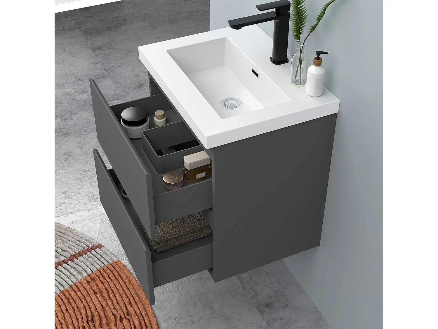 AICA Waschbeckenunterschrank hängend 50cm Rechteckiges Mineralguss-Waschbecken mit Unterschrank - Dunkelgrau Matt - CINIC