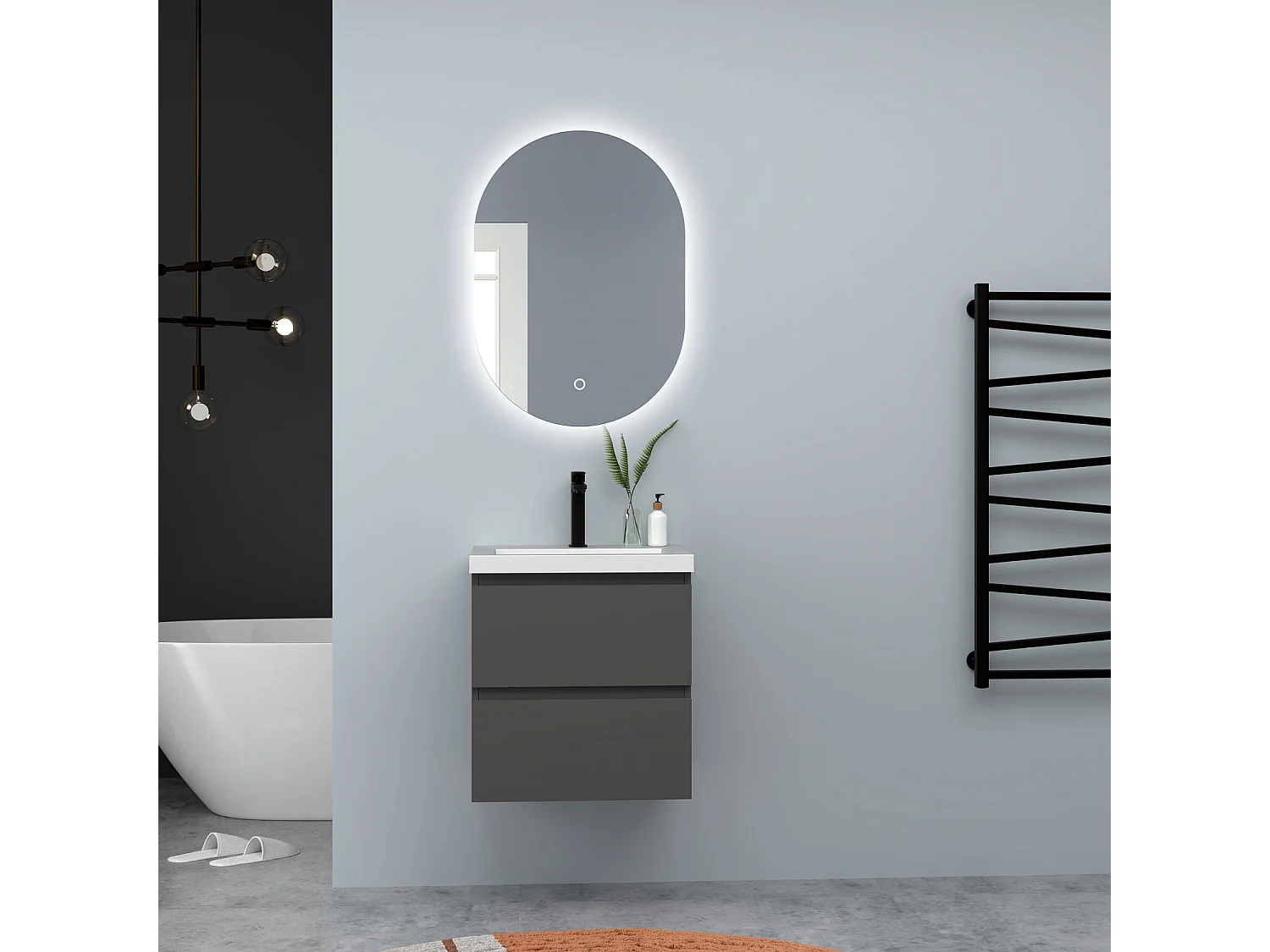 AICA Waschbeckenunterschrank hängend 50cm Rechteckiges Mineralguss-Waschbecken mit Unterschrank - Dunkelgrau Matt - CINIC