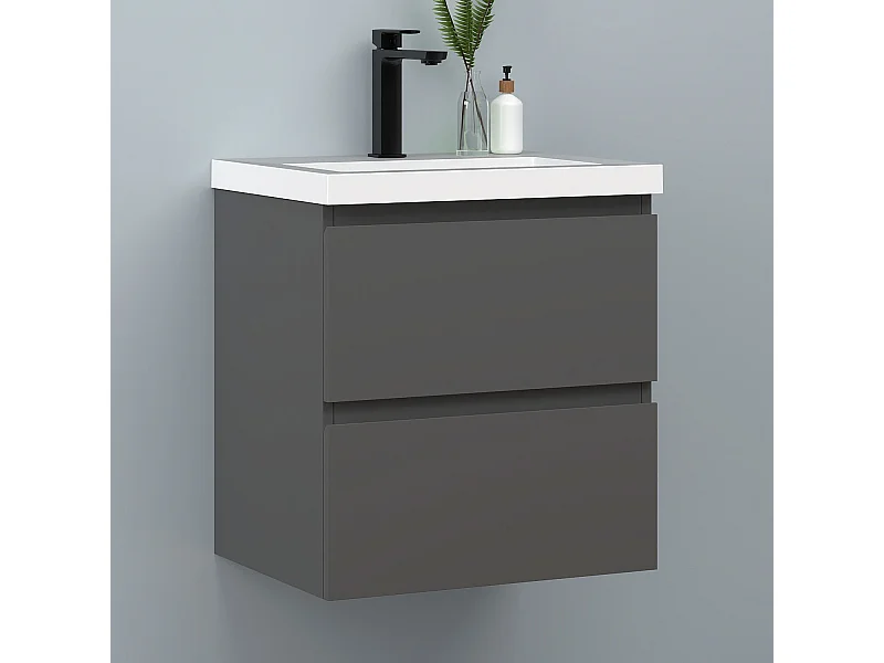 AICA Waschbeckenunterschrank hängend 50cm Rechteckiges Mineralguss-Waschbecken mit Unterschrank - Dunkelgrau Matt - CINIC