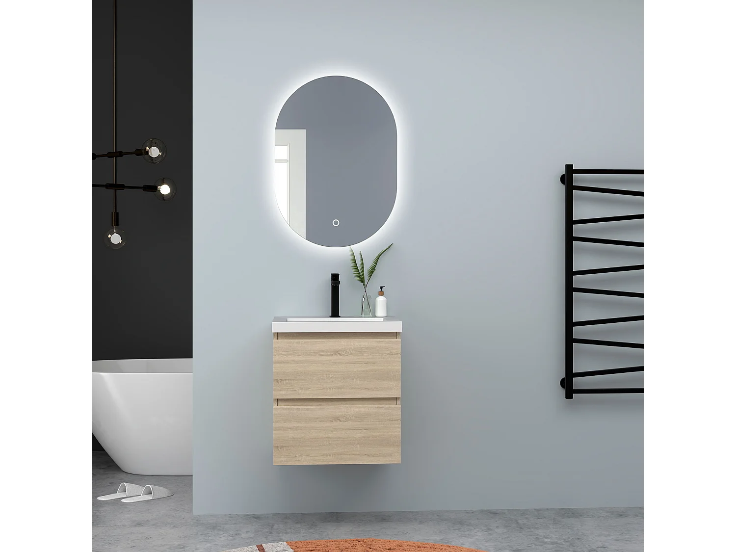 AICA Waschbeckenunterschrank hängend 50cm Rechteckiges Mineralguss-Waschbecken mit Unterschrank - Eiche Matt - CINIC