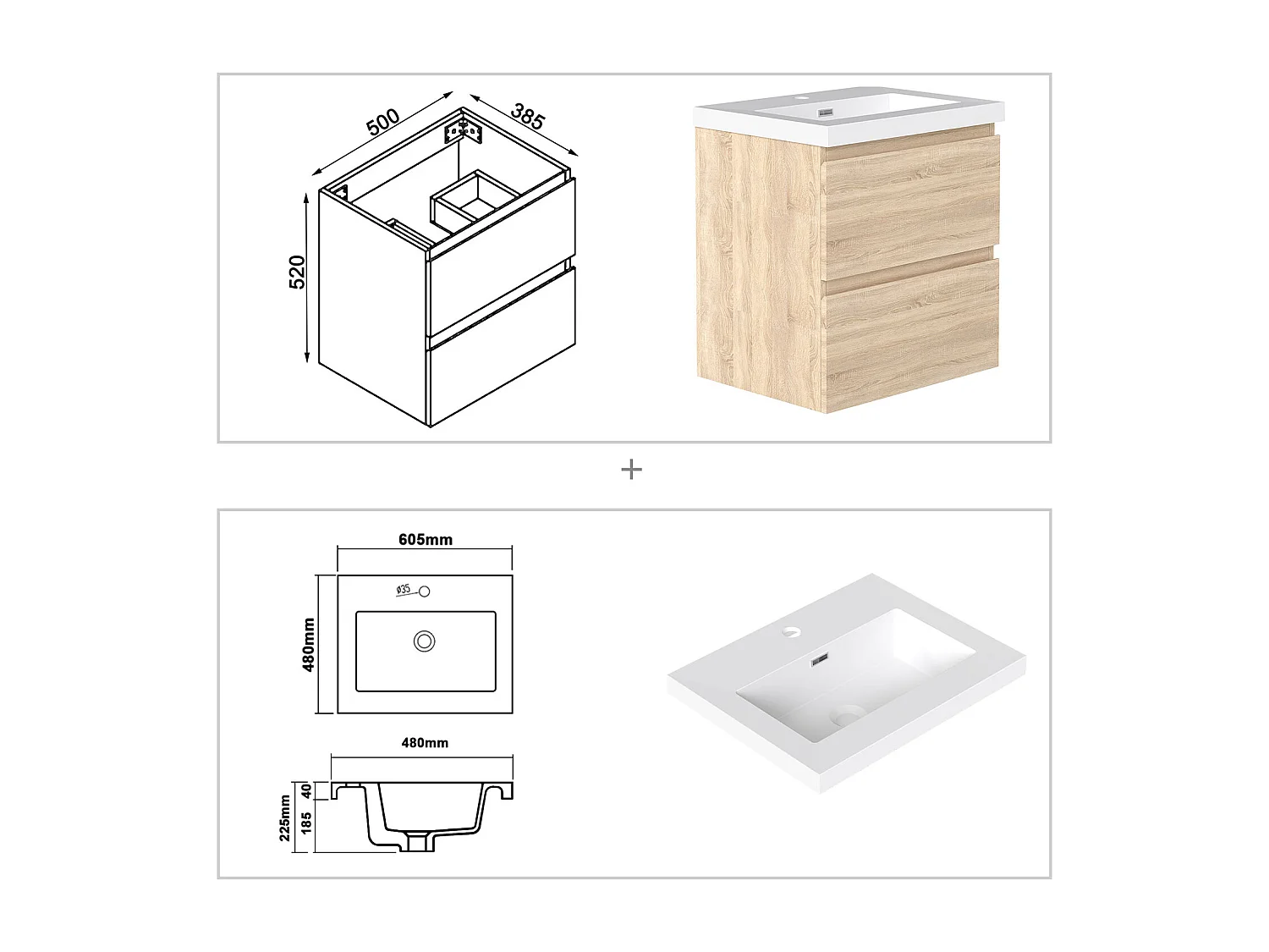 AICA Waschbeckenunterschrank hängend 50cm Rechteckiges Mineralguss-Waschbecken mit Unterschrank - Eiche Matt - CINIC