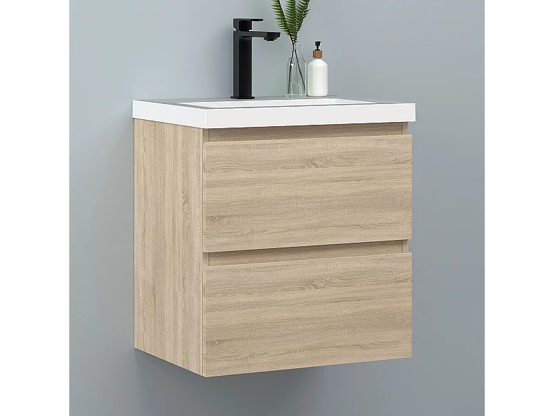 AICA Waschbeckenunterschrank hängend 50cm Rechteckiges Mineralguss-Waschbecken mit Unterschrank - Eiche Matt - CINIC