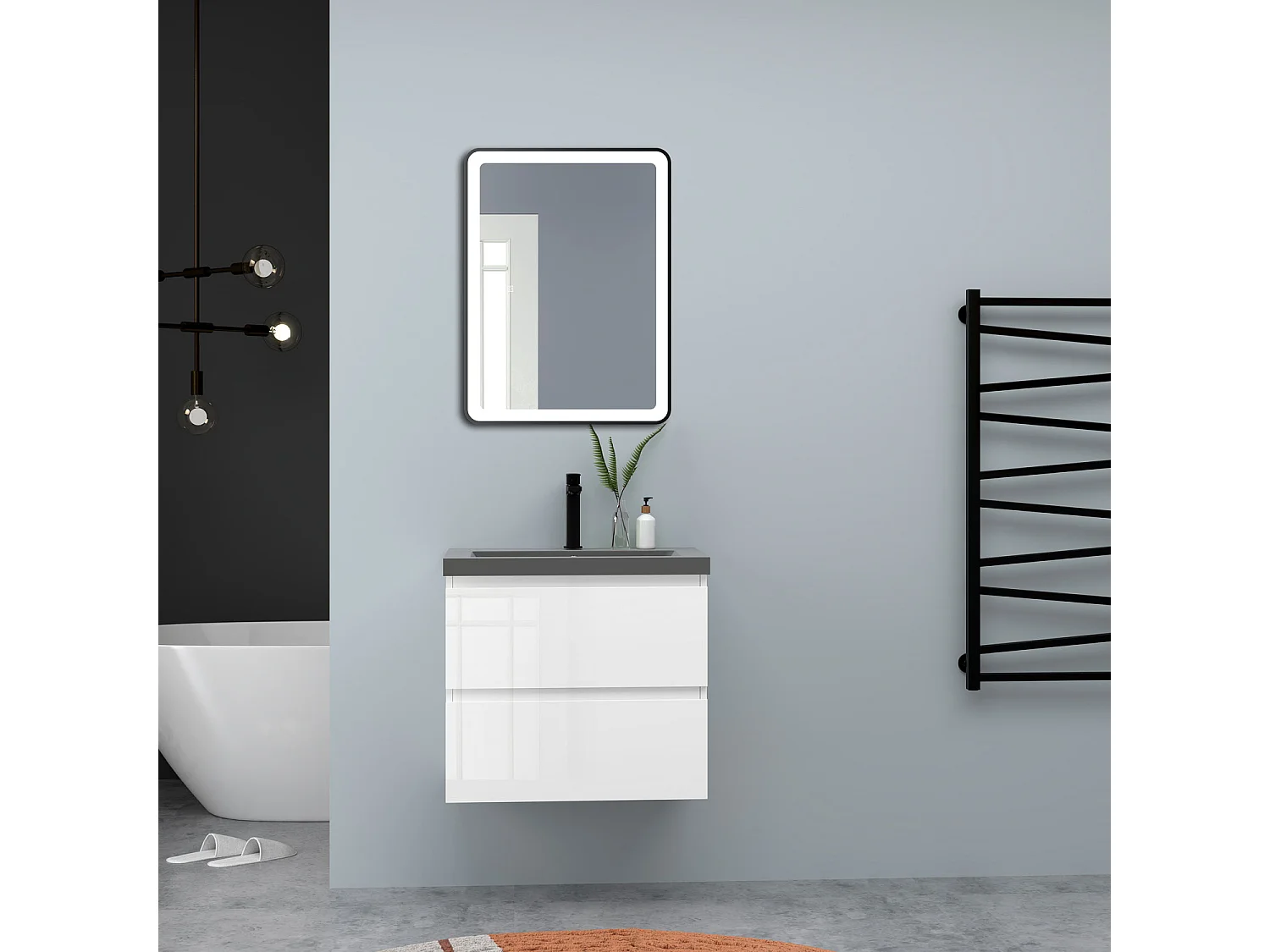 AICA Waschbeckenunterschrank hängend 60cm Dunkelgrau Mineralguss-Waschbecken mit Unterschrank - Hochglanz Weiß - CINIC