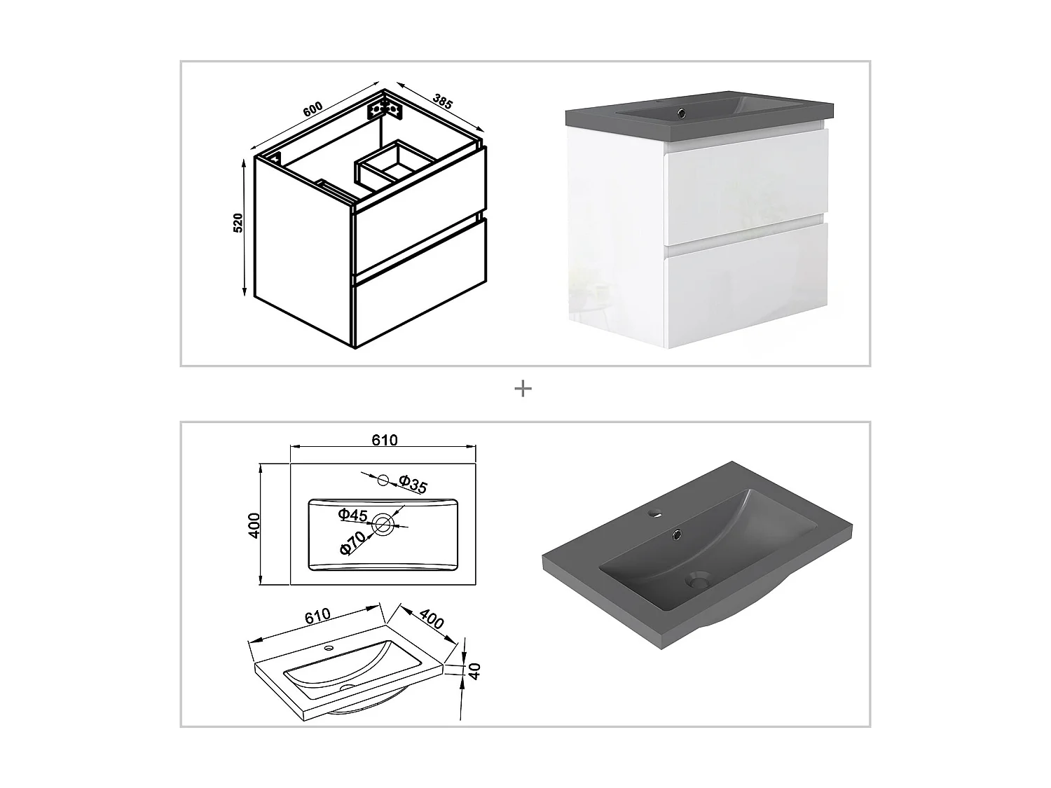 AICA Waschbeckenunterschrank hängend 60cm Dunkelgrau Mineralguss-Waschbecken mit Unterschrank - Hochglanz Weiß - CINIC