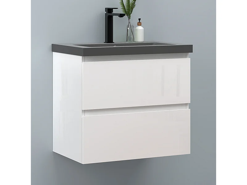 AICA Waschbeckenunterschrank hängend 60cm Dunkelgrau Mineralguss-Waschbecken mit Unterschrank - Hochglanz Weiß - CINIC