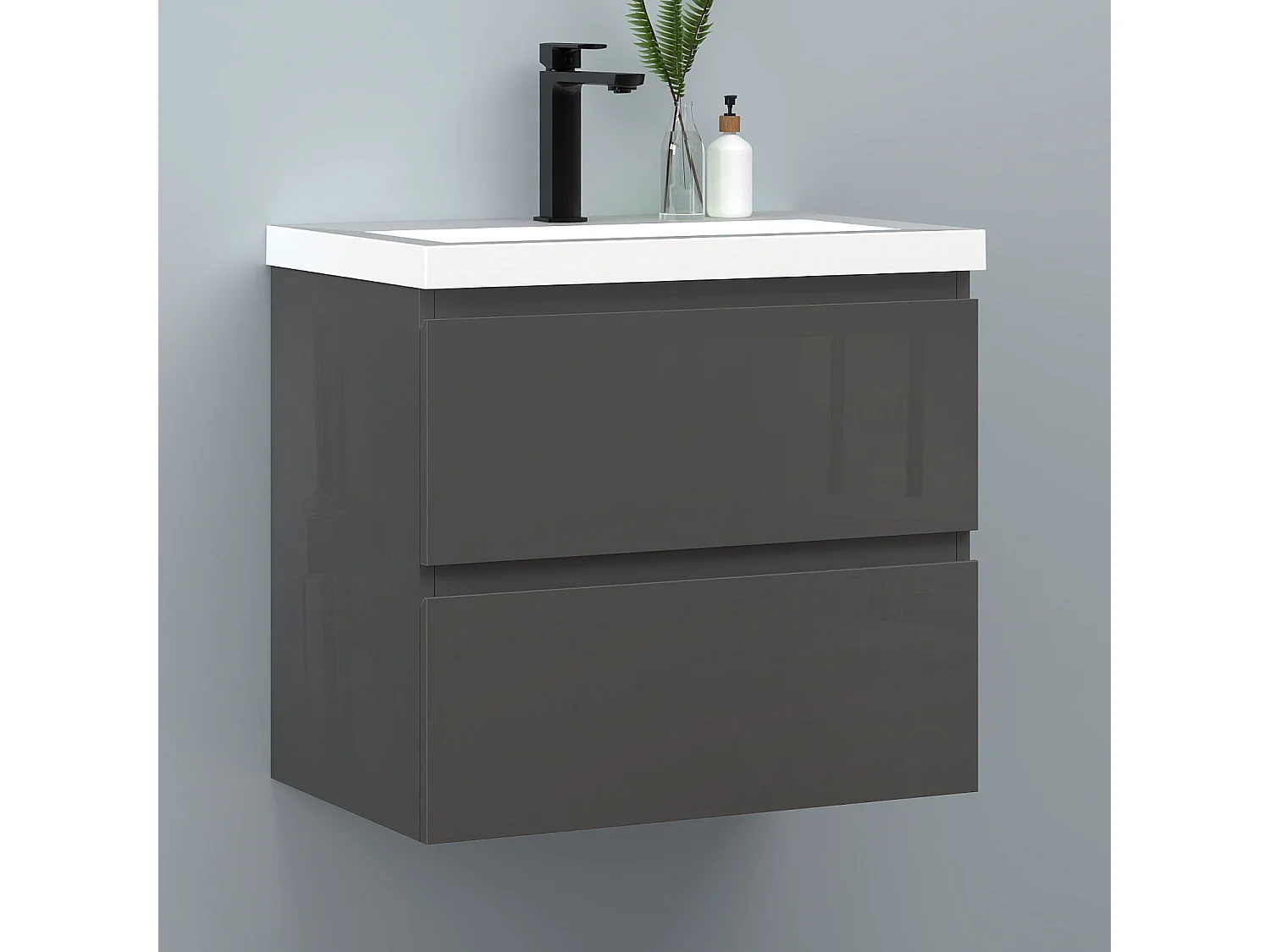 AICA Waschbeckenunterschrank hängend 60cm Rechteckiges Mineralguss-Waschbecken mit Unterschrank - Hochglanz Dunkelgrau - CINIC