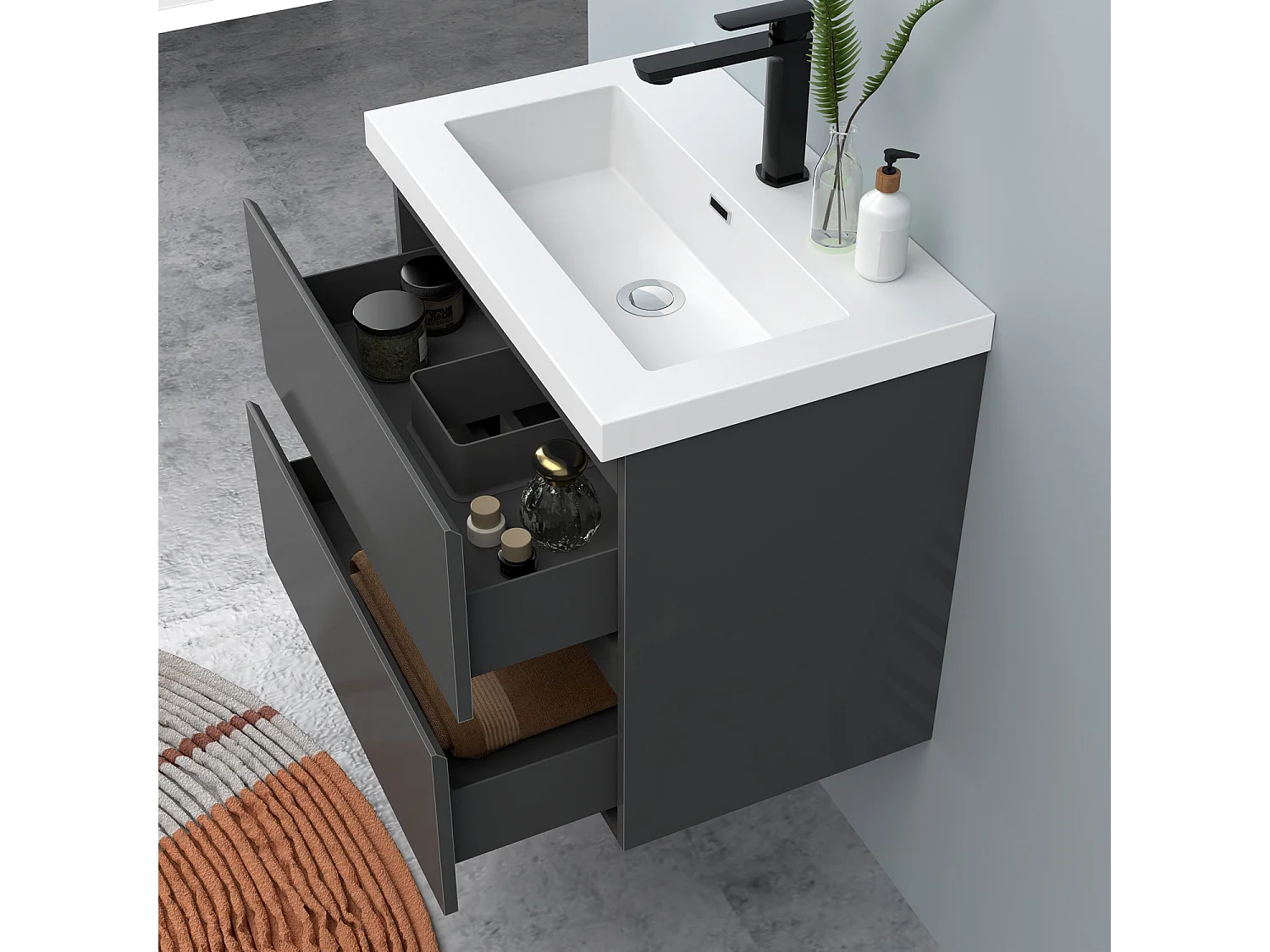 AICA Waschbeckenunterschrank hängend 60cm Rechteckiges Mineralguss-Waschbecken mit Unterschrank - Hochglanz Dunkelgrau - CINIC