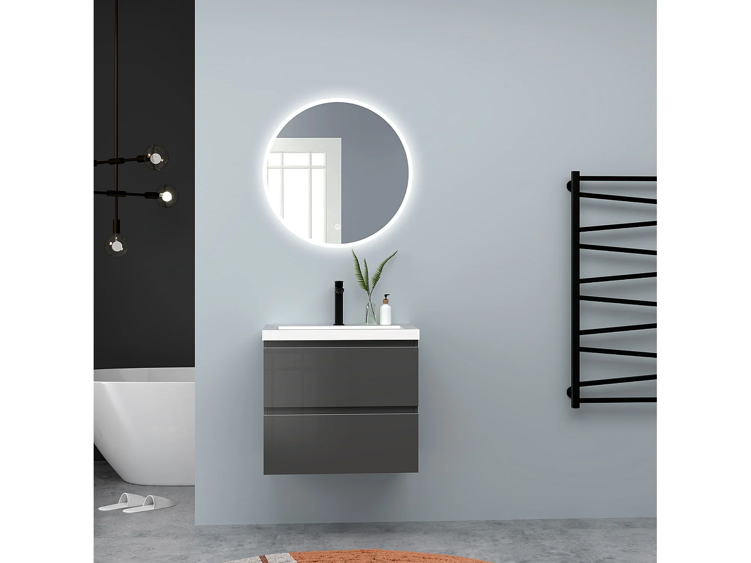 AICA Waschbeckenunterschrank hängend 60cm Rechteckiges Mineralguss-Waschbecken mit Unterschrank - Hochglanz Dunkelgrau - CINIC