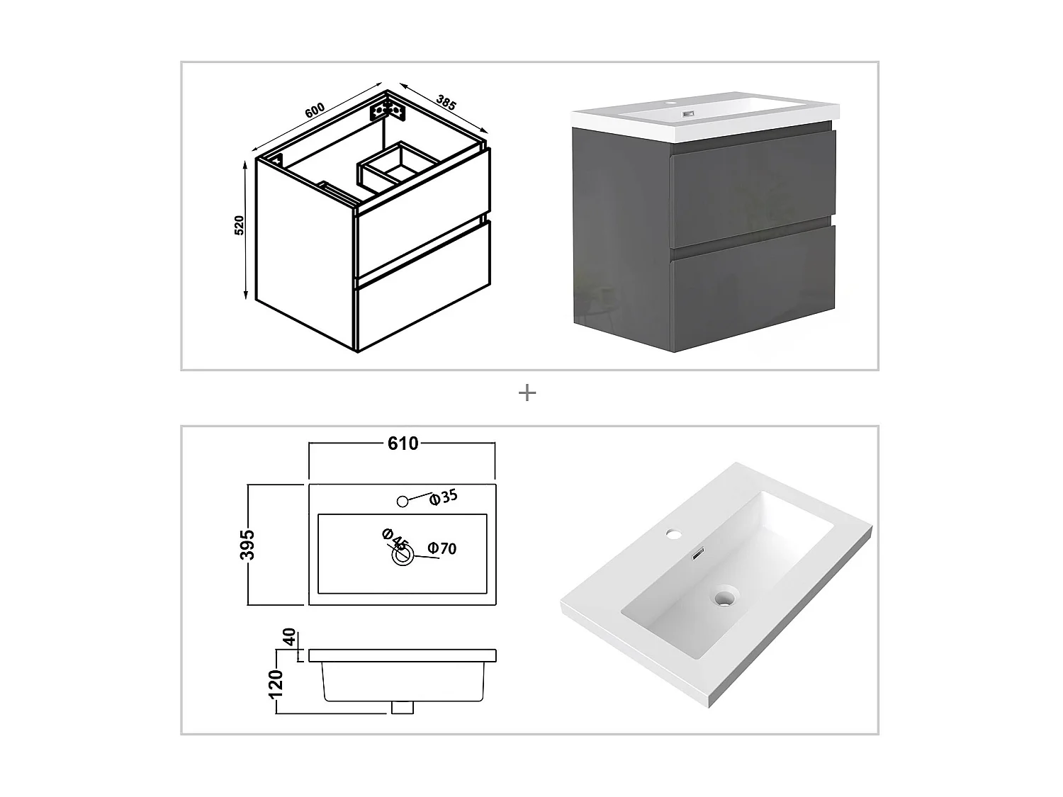 AICA Waschbeckenunterschrank hängend 60cm Rechteckiges Mineralguss-Waschbecken mit Unterschrank - Hochglanz Dunkelgrau - CINIC