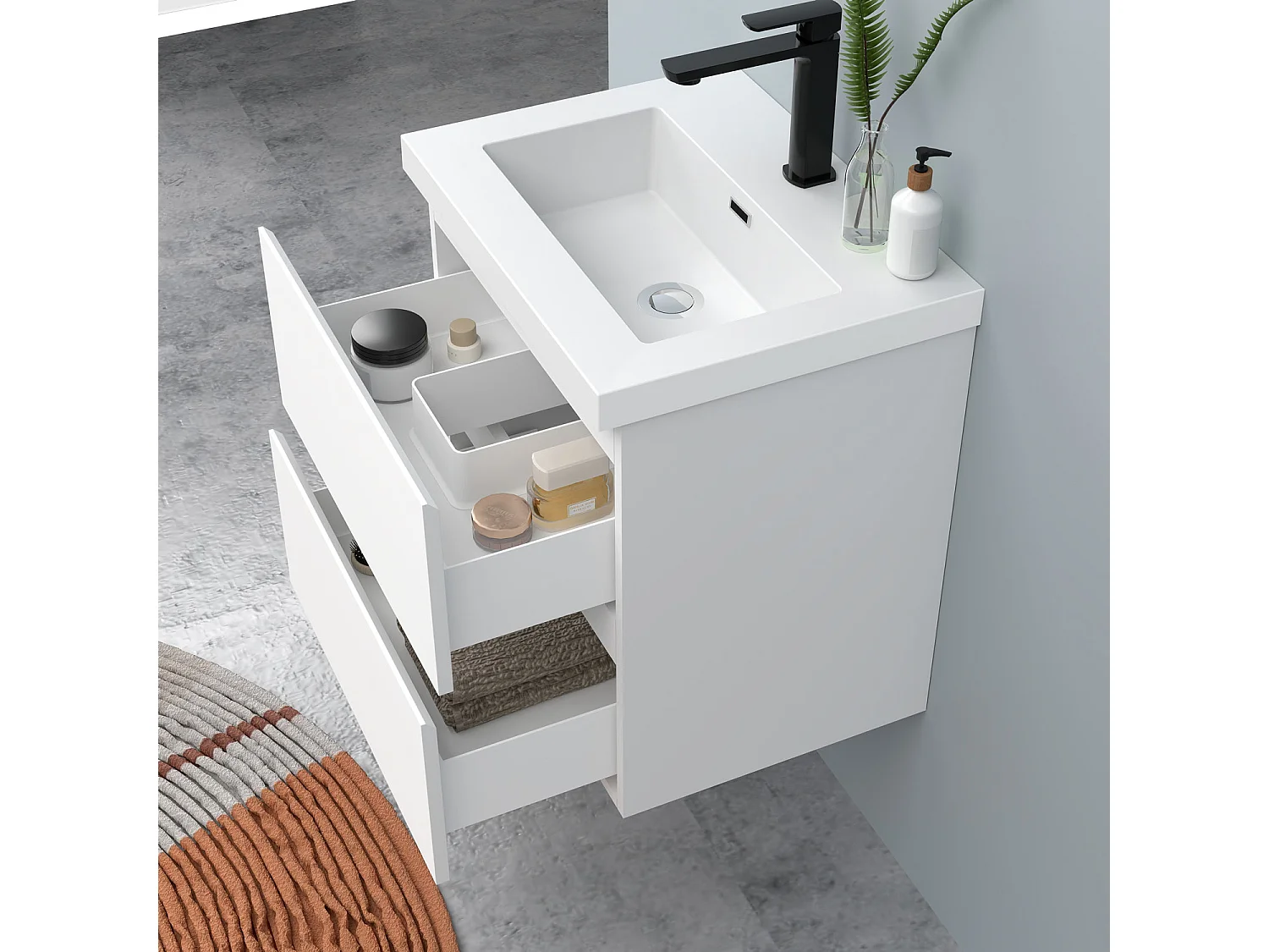 AICA Waschbeckenunterschrank hängend 50cm Rechteckiges Mineralguss-Waschbecken mit Unterschrank - Weiß Matt - CINIC