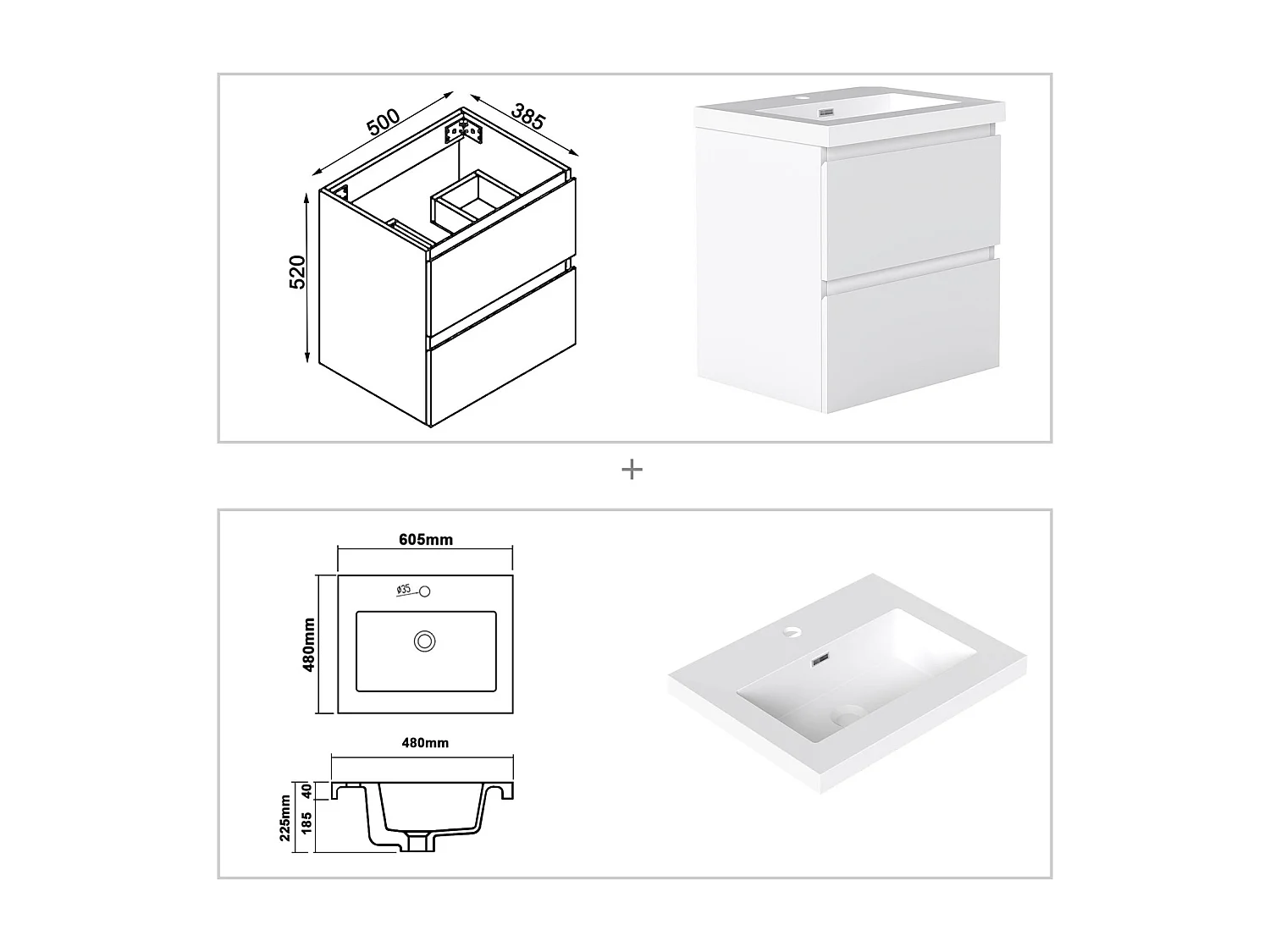 AICA Waschbeckenunterschrank hängend 50cm Rechteckiges Mineralguss-Waschbecken mit Unterschrank - Weiß Matt - CINIC
