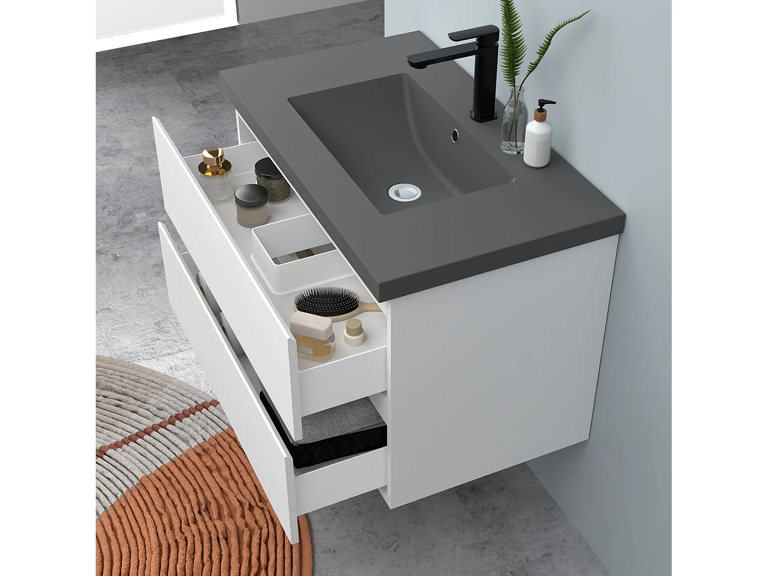 AICA Waschbeckenunterschrank hängend 80cm Dunkelgrau Mineralguss-Waschbecken mit Unterschrank - Weiß Matt - CINIC