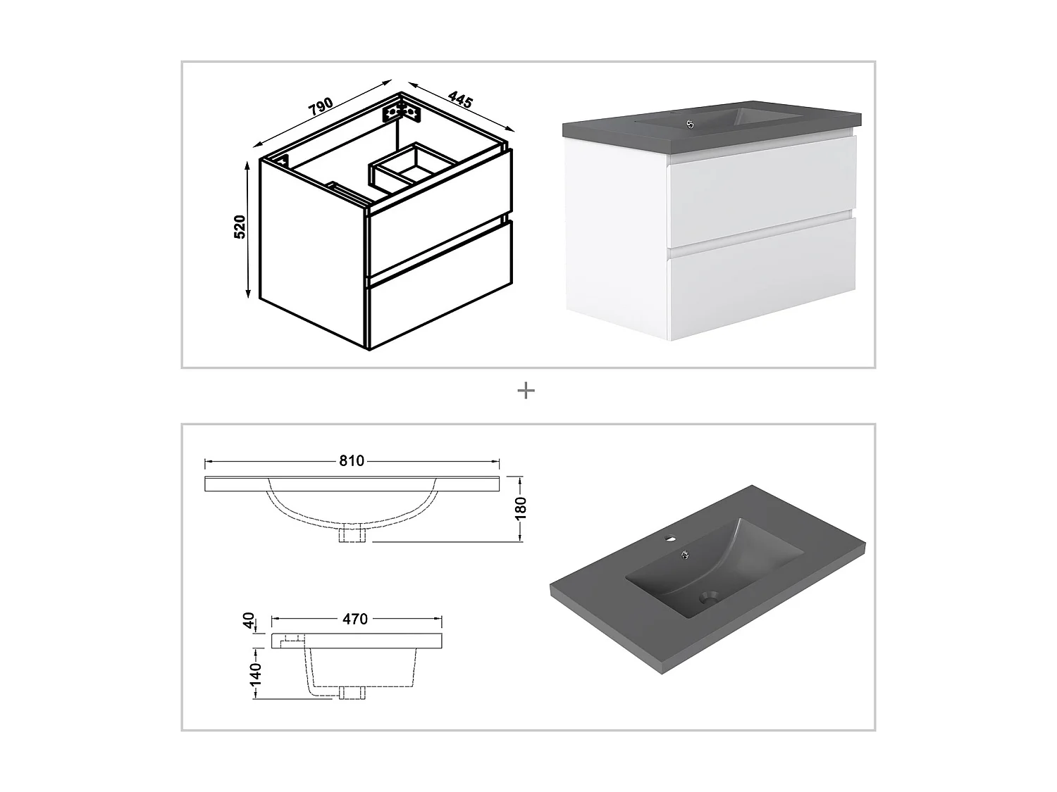 AICA Waschbeckenunterschrank hängend 80cm Dunkelgrau Mineralguss-Waschbecken mit Unterschrank - Weiß Matt - CINIC
