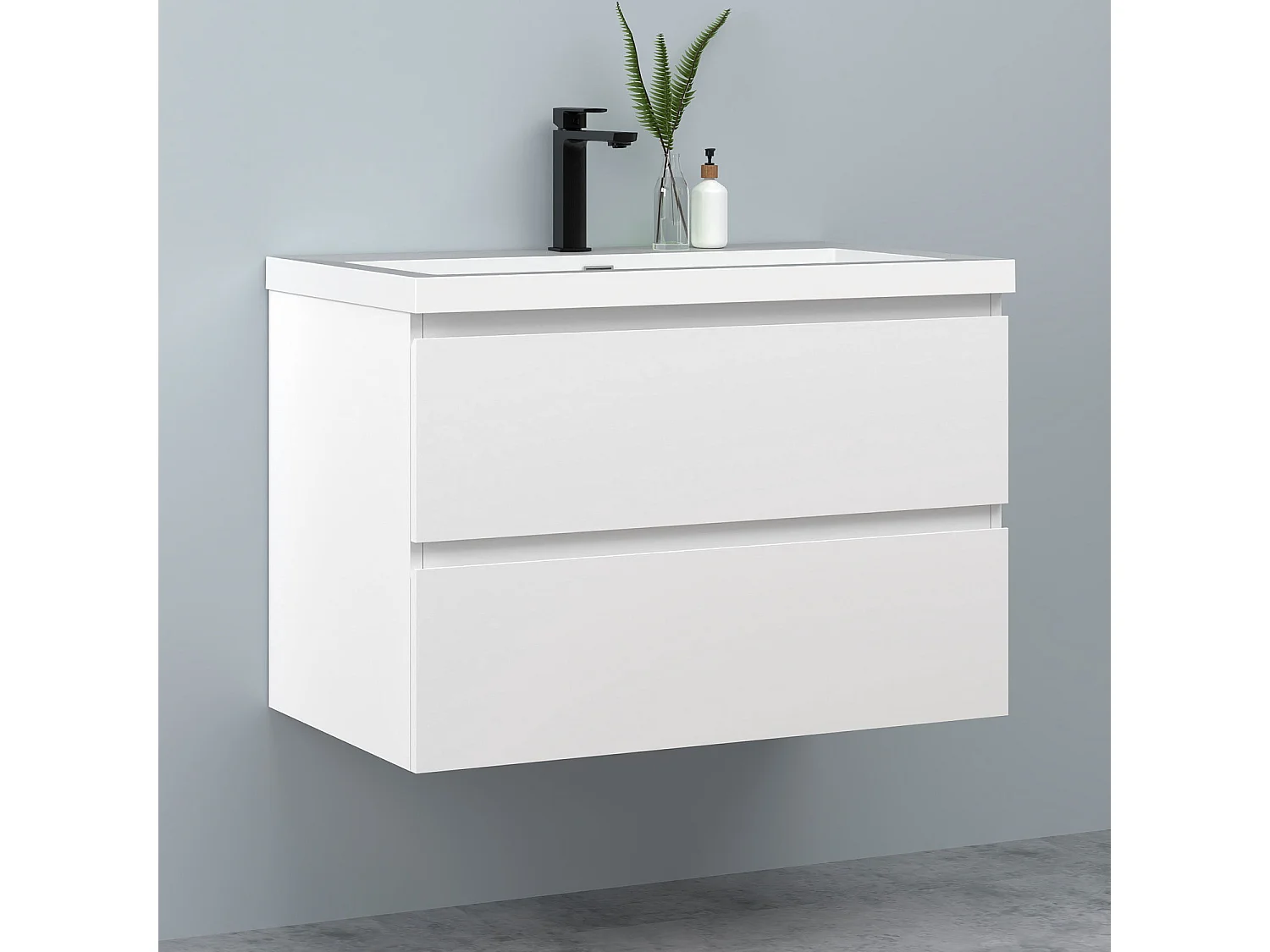 AICA Waschbeckenunterschrank hängend 80cm Rechteckiges Mineralguss-Waschbecken mit Unterschrank - Weiß Matt - CINIC