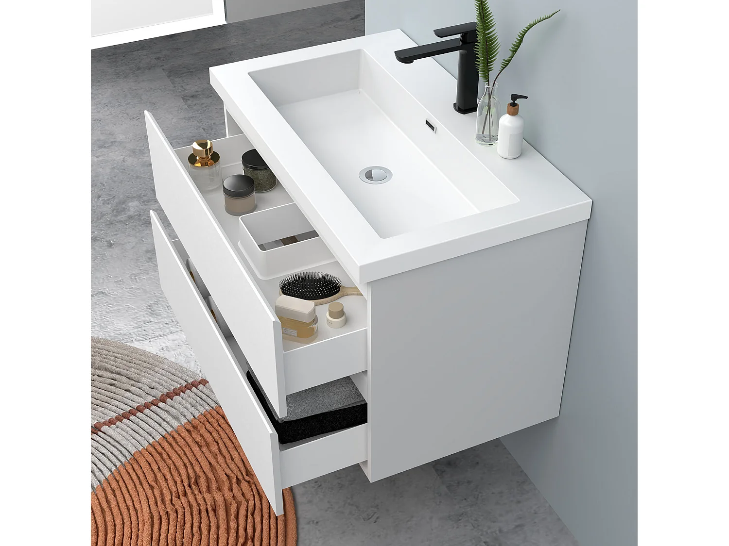 AICA Waschbeckenunterschrank hängend 80cm Rechteckiges Mineralguss-Waschbecken mit Unterschrank - Weiß Matt - CINIC