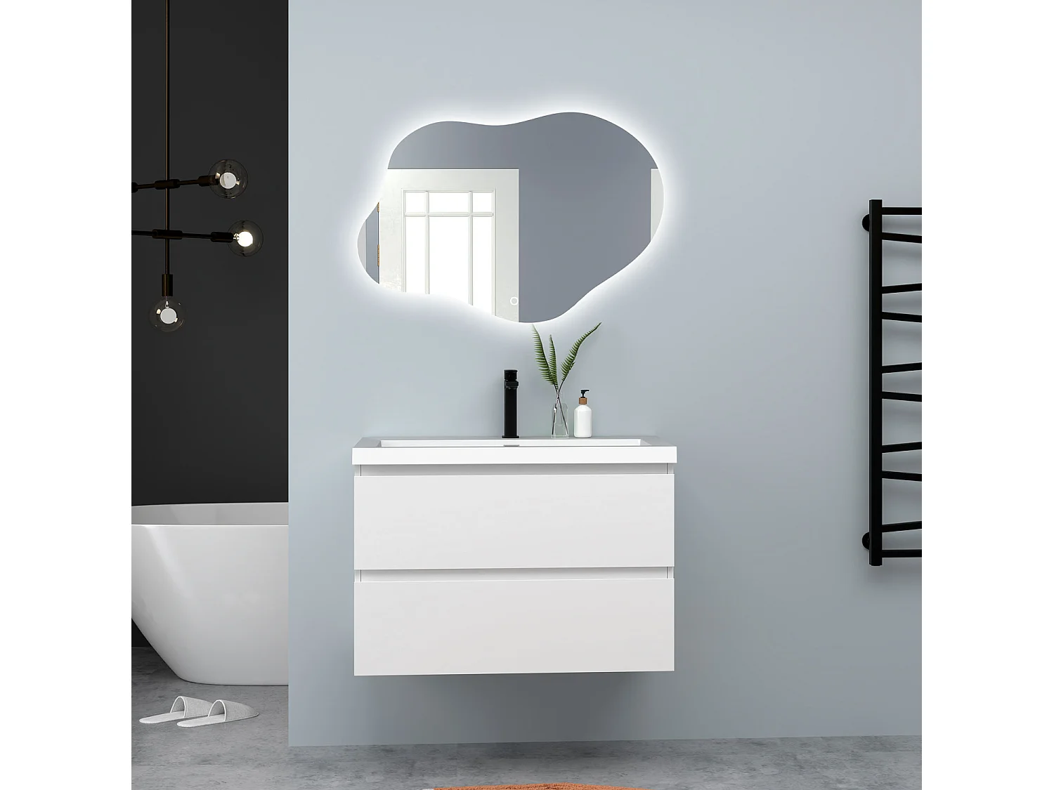 AICA Waschbeckenunterschrank hängend 80cm Rechteckiges Mineralguss-Waschbecken mit Unterschrank - Weiß Matt - CINIC