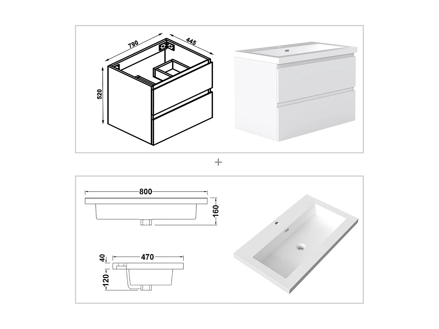 AICA Waschbeckenunterschrank hängend 80cm Rechteckiges Mineralguss-Waschbecken mit Unterschrank - Weiß Matt - CINIC