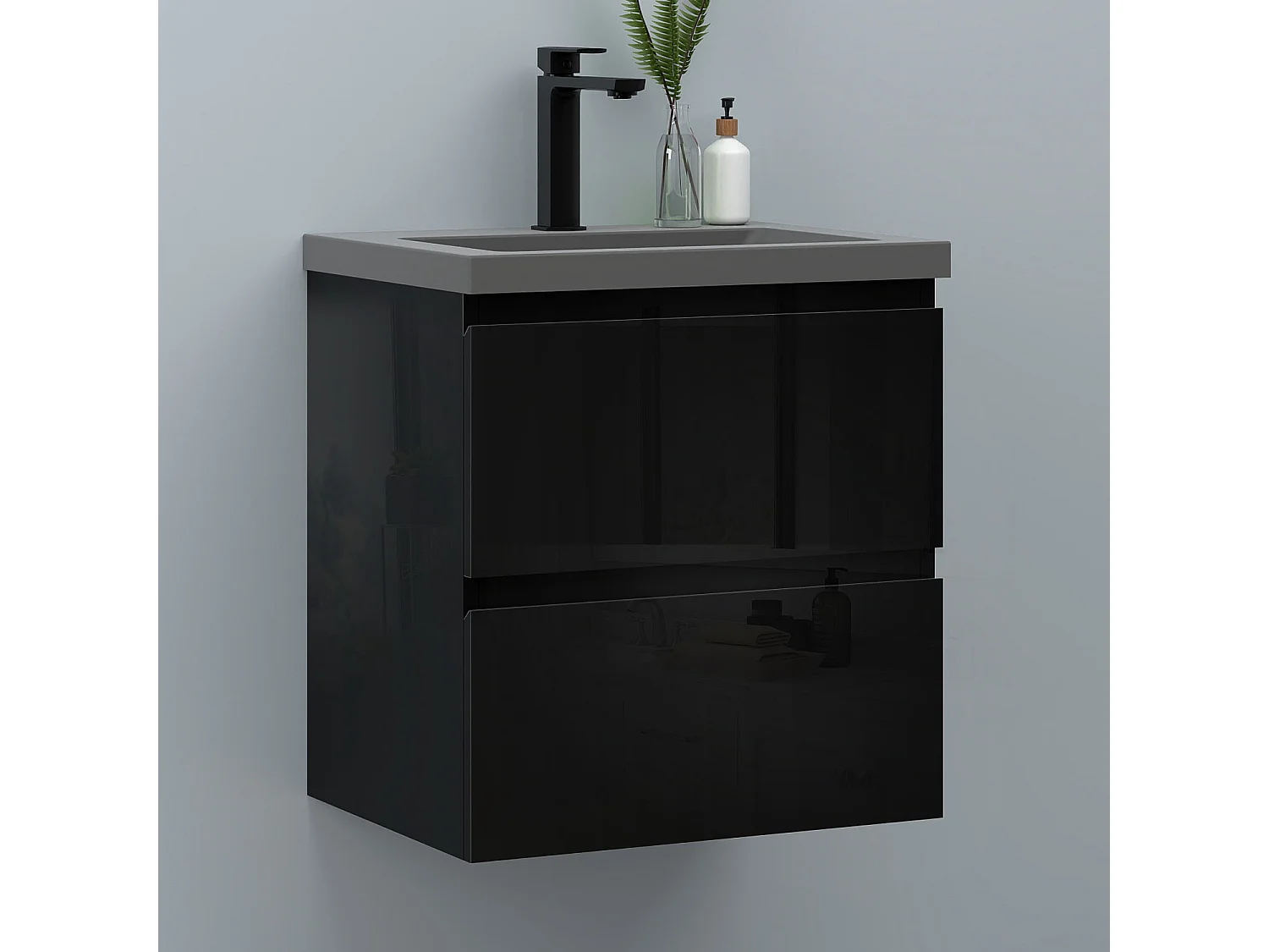 AICA Waschbeckenunterschrank hängend 50cm Dunkelgrau Mineralguss-Waschbecken mit Unterschrank - Hochglanz Schwarz - CINIC