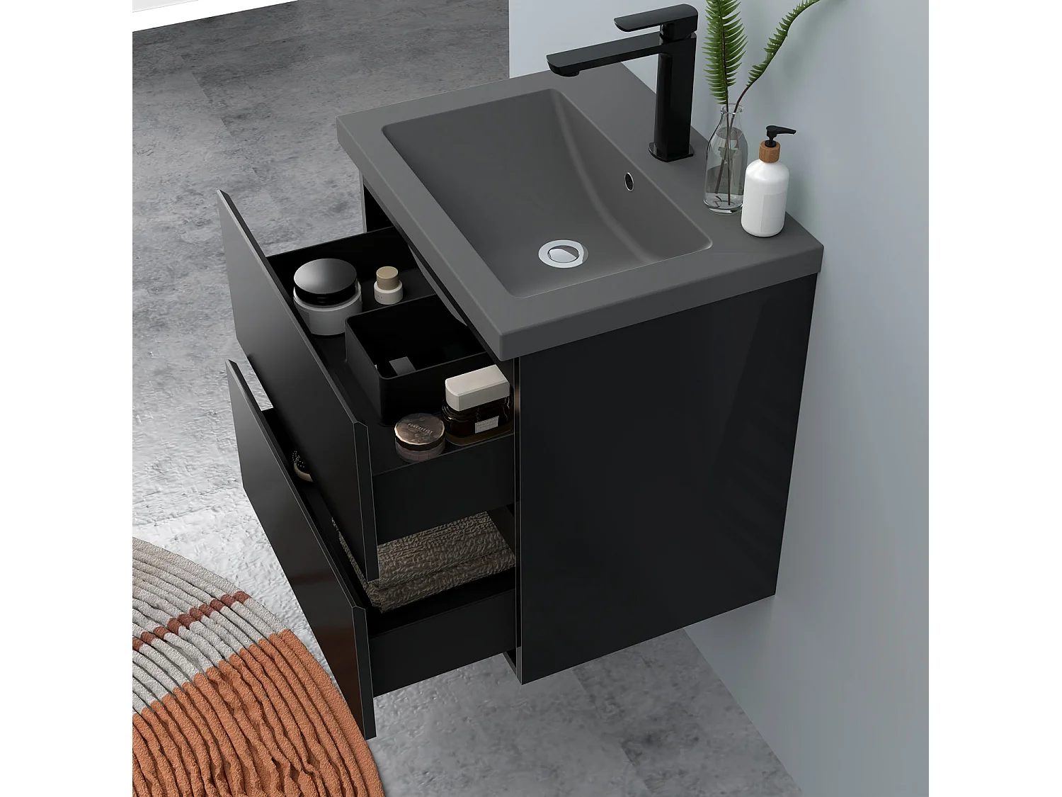 AICA Waschbeckenunterschrank hängend 50cm Dunkelgrau Mineralguss-Waschbecken mit Unterschrank - Hochglanz Schwarz - CINIC