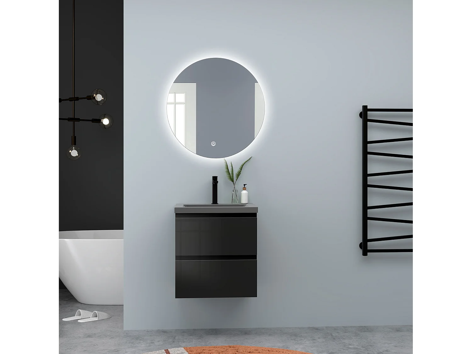 AICA Waschbeckenunterschrank hängend 50cm Dunkelgrau Mineralguss-Waschbecken mit Unterschrank - Hochglanz Schwarz - CINIC