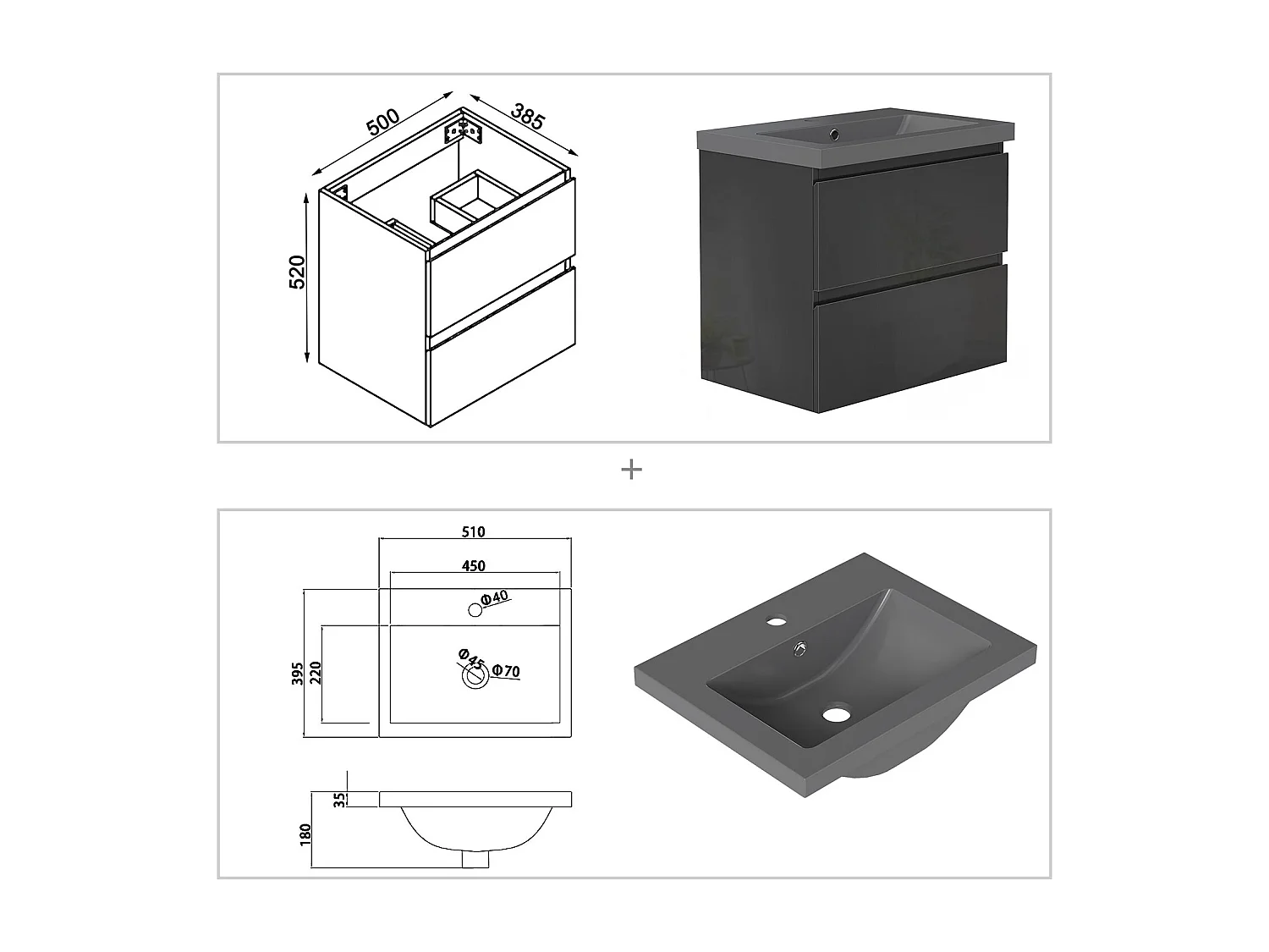 AICA Waschbeckenunterschrank hängend 50cm Dunkelgrau Mineralguss-Waschbecken mit Unterschrank - Hochglanz Schwarz - CINIC