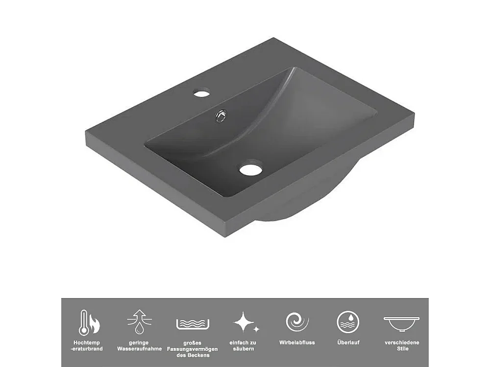 AICA Waschbeckenunterschrank hängend 50cm Dunkelgrau Mineralguss-Waschbecken mit Unterschrank - Hochglanz Schwarz - CINIC