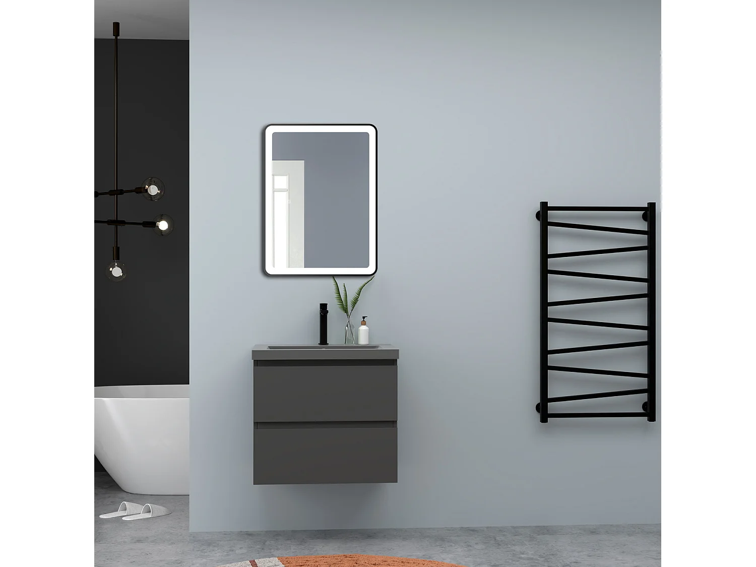 AICA Waschbeckenunterschrank hängend 60cm Dunkelgrau Mineralguss-Waschbecken mit Unterschrank - Dunkelgrau Matt - CINIC