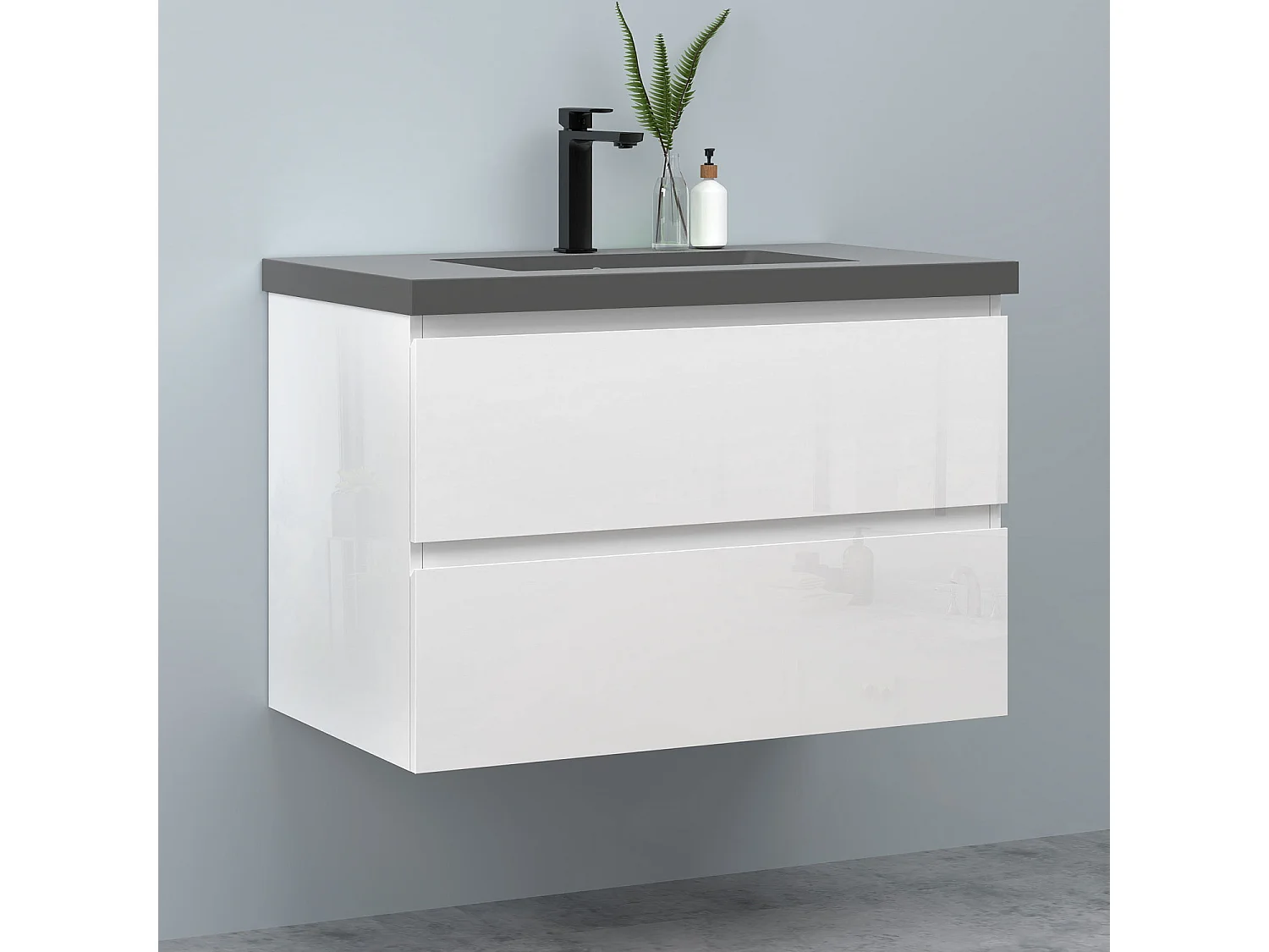 AICA Waschbeckenunterschrank hängend 80cm Dunkelgrau Mineralguss-Waschbecken mit Unterschrank - Hochglanz Weiß - CINIC