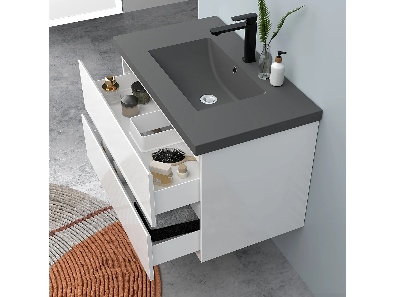 AICA Waschbeckenunterschrank hängend 80cm Dunkelgrau Mineralguss-Waschbecken mit Unterschrank - Hochglanz Weiß - CINIC