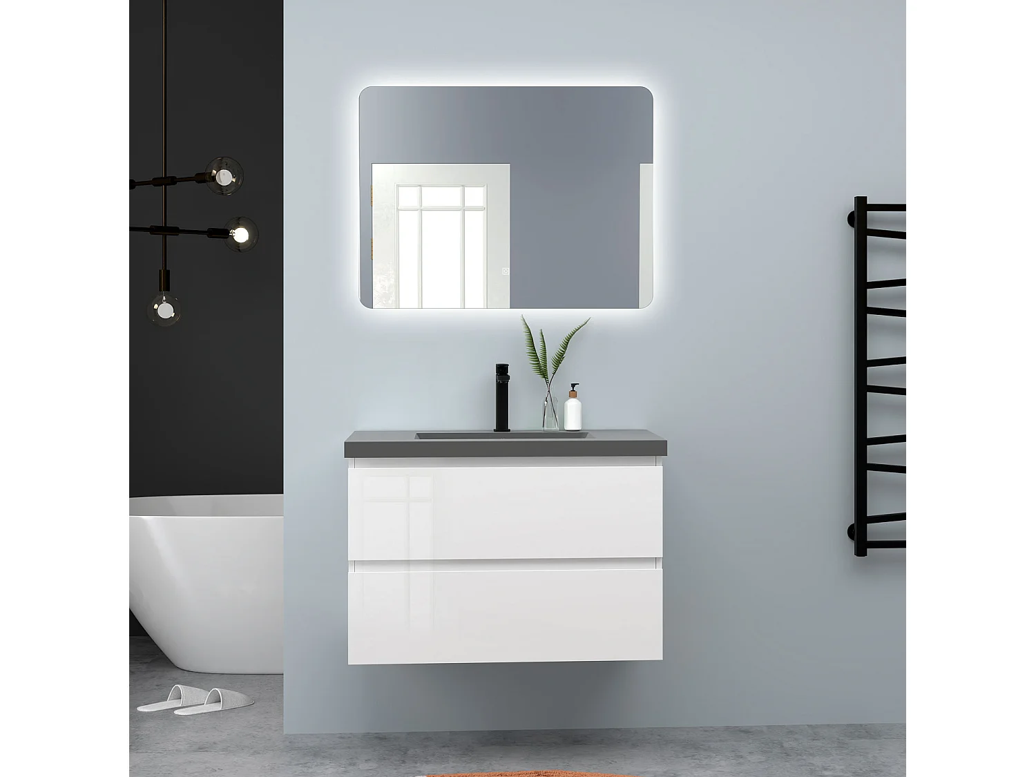 AICA Waschbeckenunterschrank hängend 80cm Dunkelgrau Mineralguss-Waschbecken mit Unterschrank - Hochglanz Weiß - CINIC