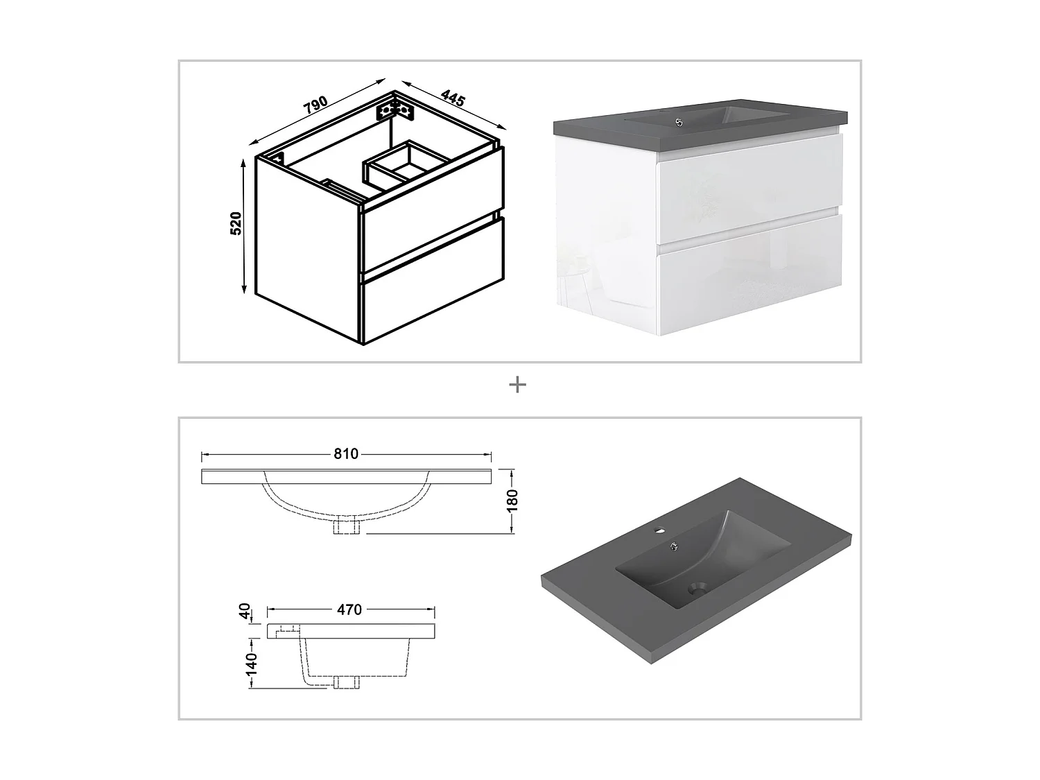 AICA Waschbeckenunterschrank hängend 80cm Dunkelgrau Mineralguss-Waschbecken mit Unterschrank - Hochglanz Weiß - CINIC