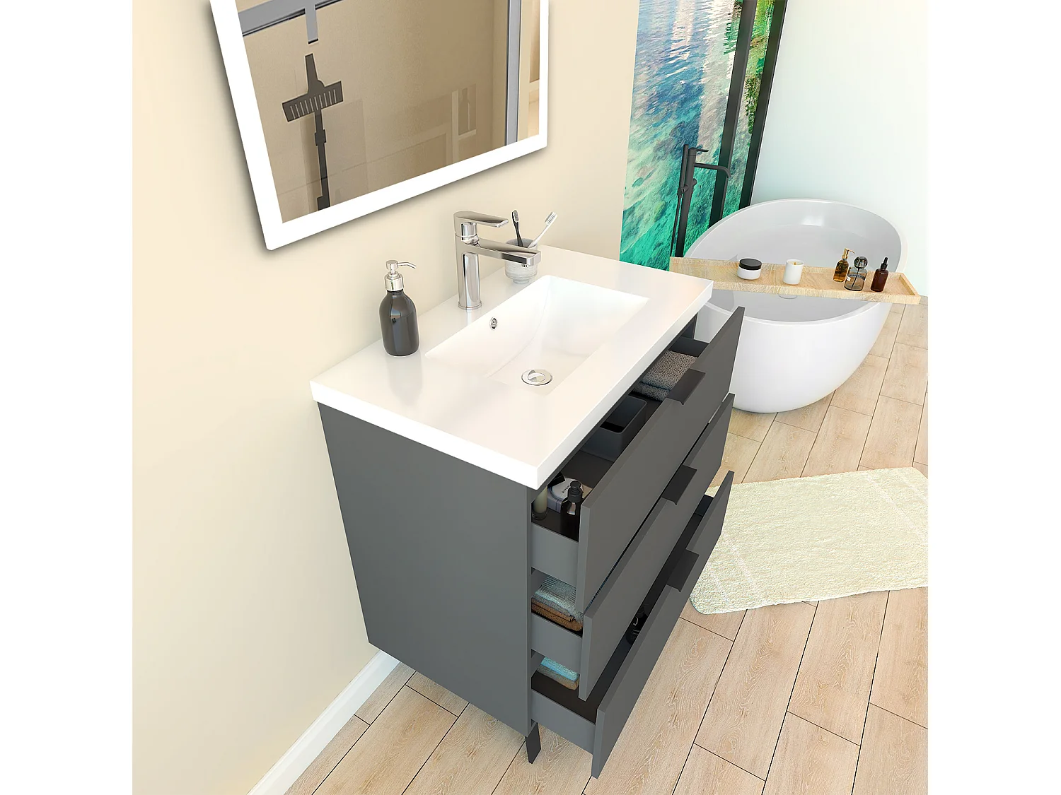Mueble de baño moderno suspendido con 3 cajones y lavabo,79 x 46 x 85 cm, sistema de cierre amortiguado, color antracita.