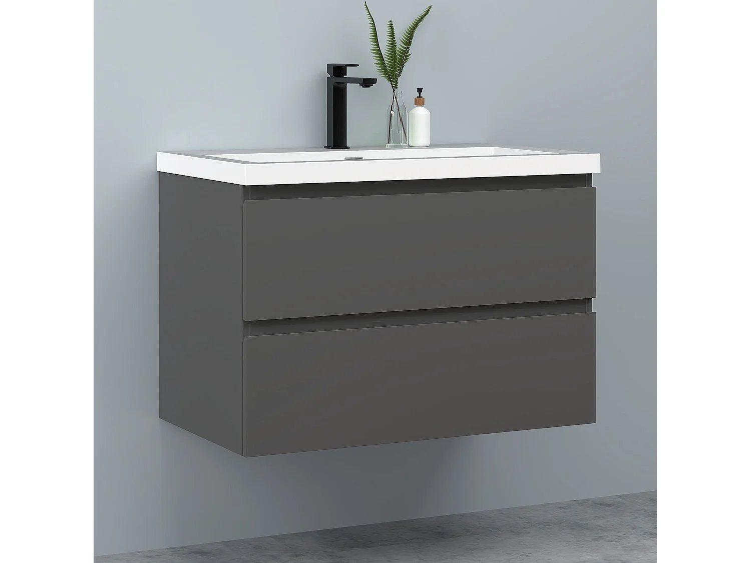 AICA Waschbeckenunterschrank hängend 80cm Rechteckiges Mineralguss-Waschbecken mit Unterschrank - Dunkelgrau Matt - CINIC