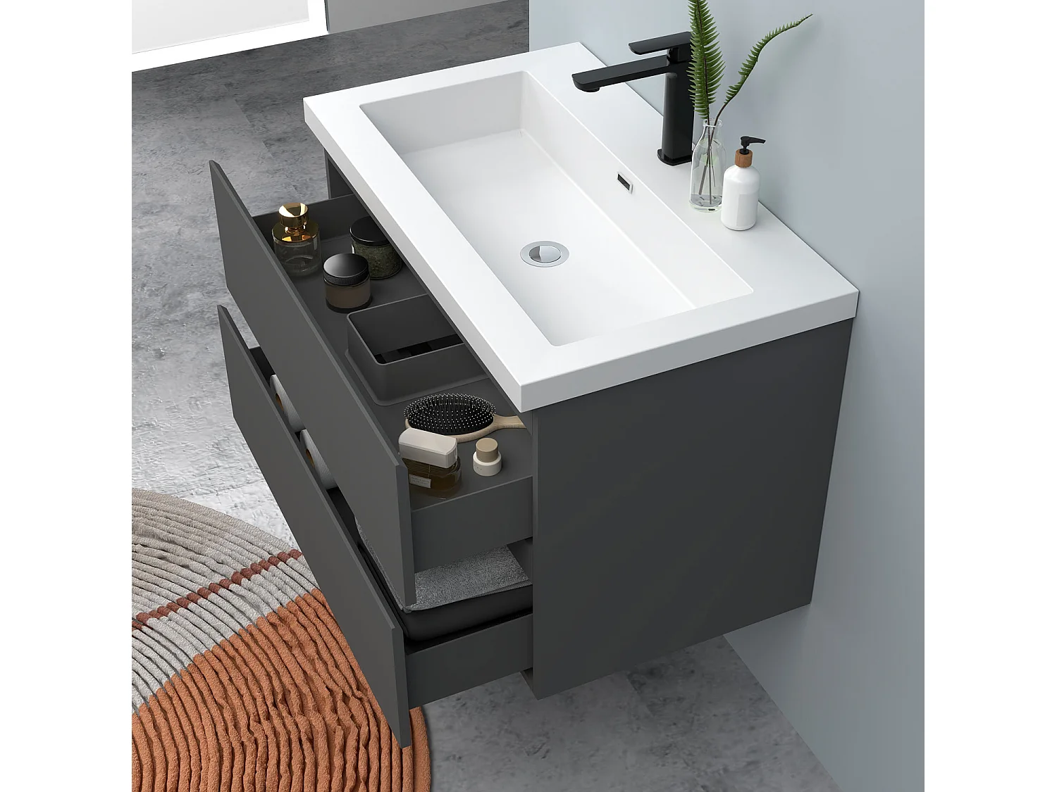 AICA Waschbeckenunterschrank hängend 80cm Rechteckiges Mineralguss-Waschbecken mit Unterschrank - Dunkelgrau Matt - CINIC