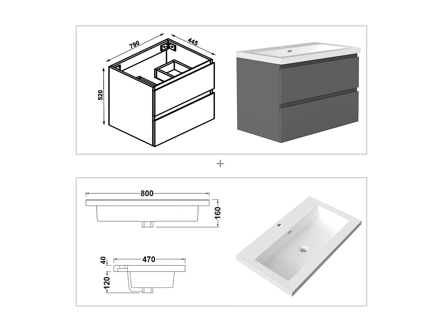 AICA Waschbeckenunterschrank hängend 80cm Rechteckiges Mineralguss-Waschbecken mit Unterschrank - Dunkelgrau Matt - CINIC