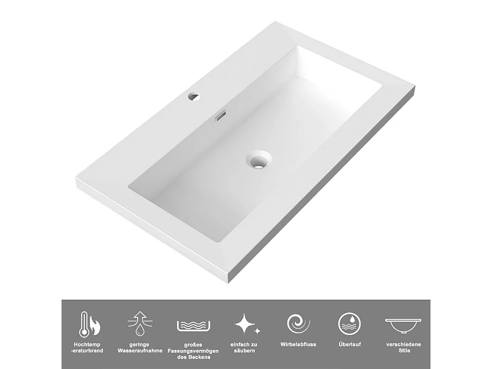 AICA Waschbeckenunterschrank hängend 80cm Rechteckiges Mineralguss-Waschbecken mit Unterschrank - Dunkelgrau Matt - CINIC