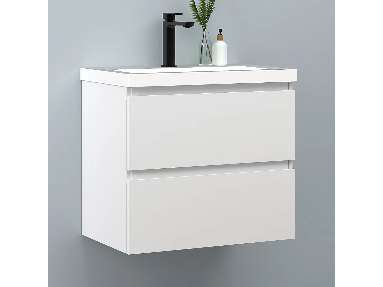 AICA Waschbeckenunterschrank hängend 60cm Rechteckiges Mineralguss-Waschbecken mit Unterschrank - Weiß Matt - CINIC