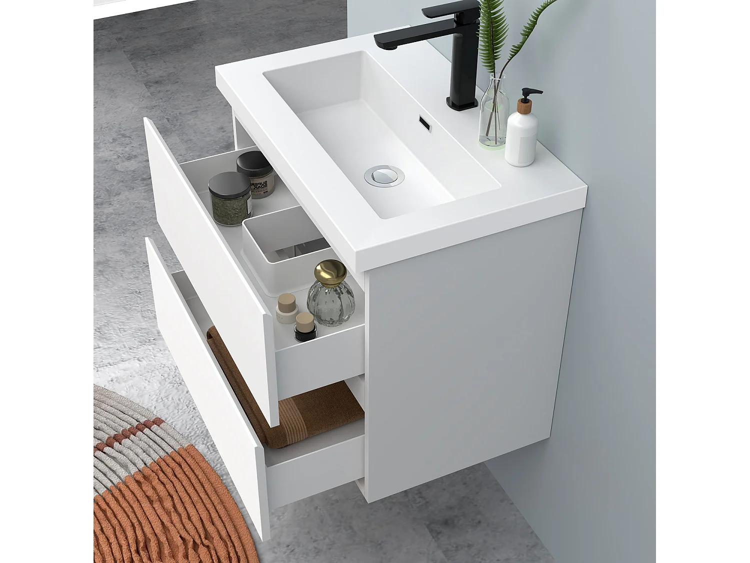 AICA Waschbeckenunterschrank hängend 60cm Rechteckiges Mineralguss-Waschbecken mit Unterschrank - Weiß Matt - CINIC