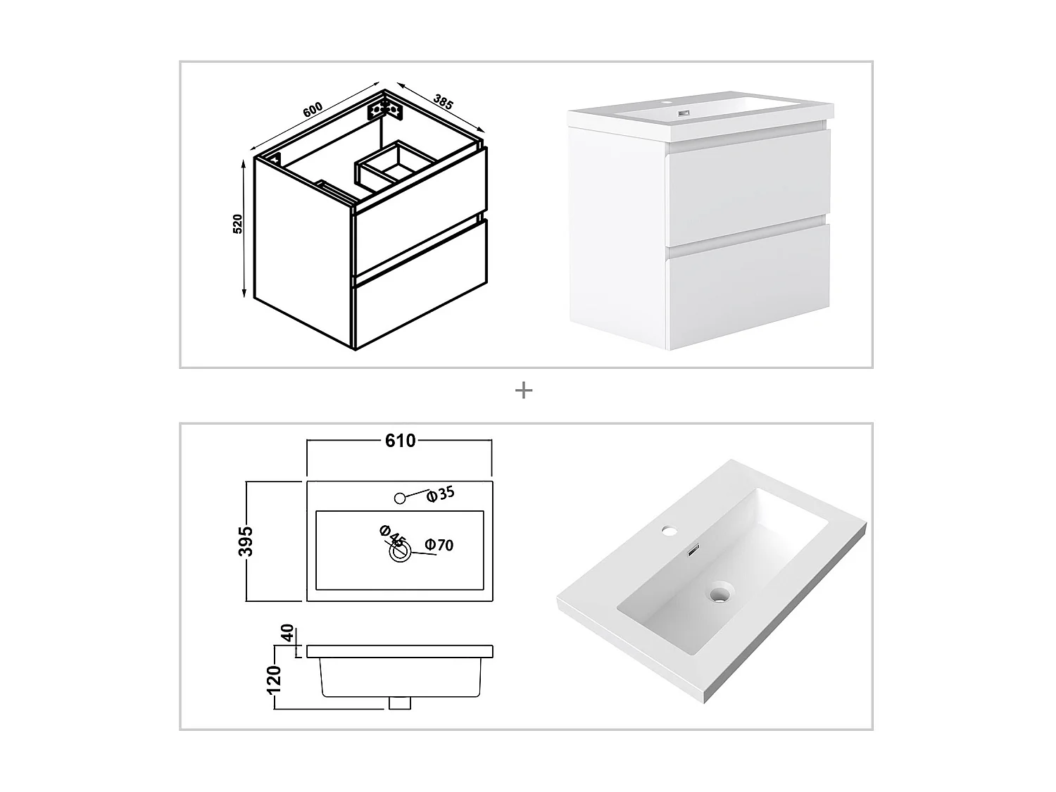AICA Waschbeckenunterschrank hängend 60cm Rechteckiges Mineralguss-Waschbecken mit Unterschrank - Weiß Matt - CINIC